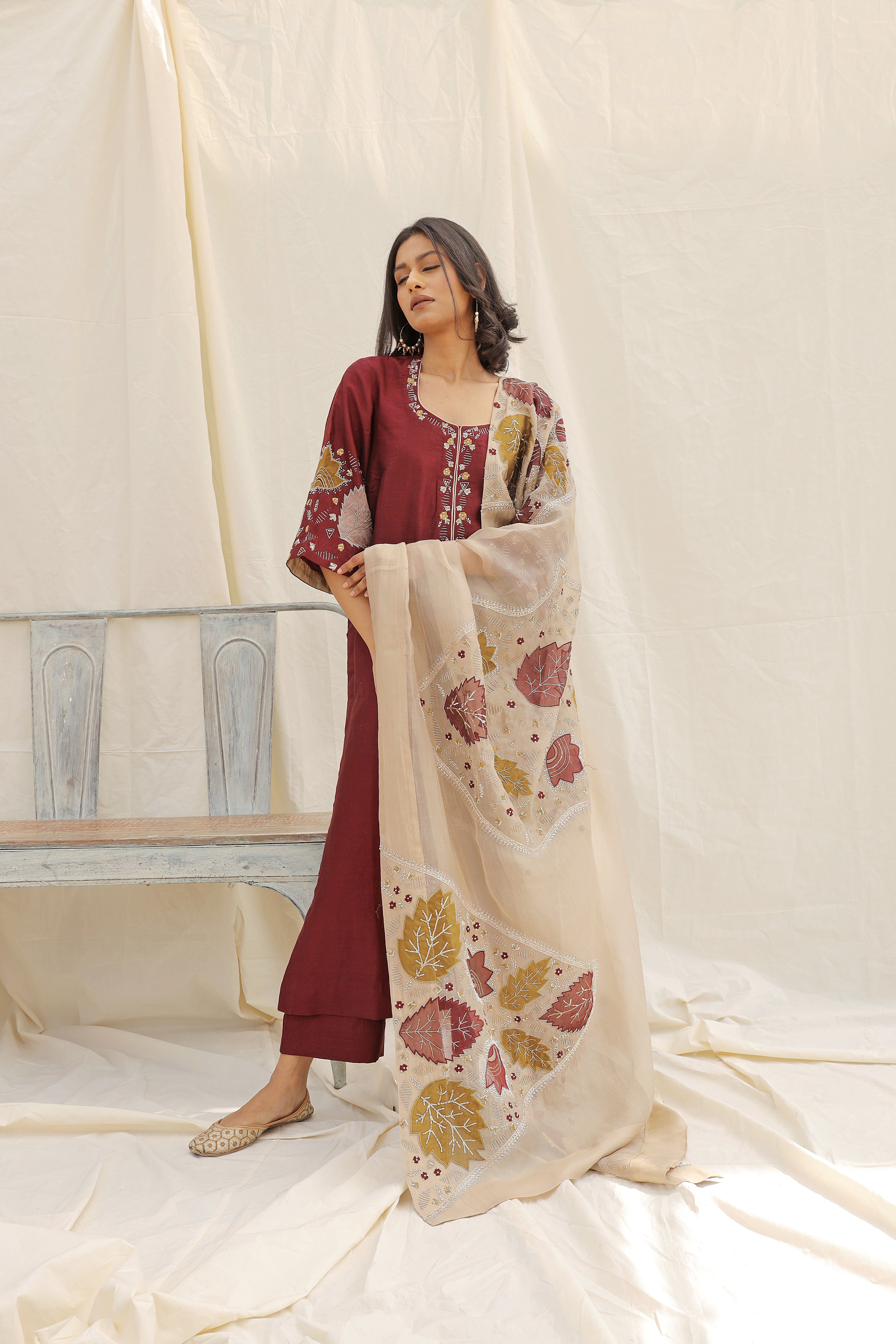 MAROON HAND EMBROIDERED KURTA SET