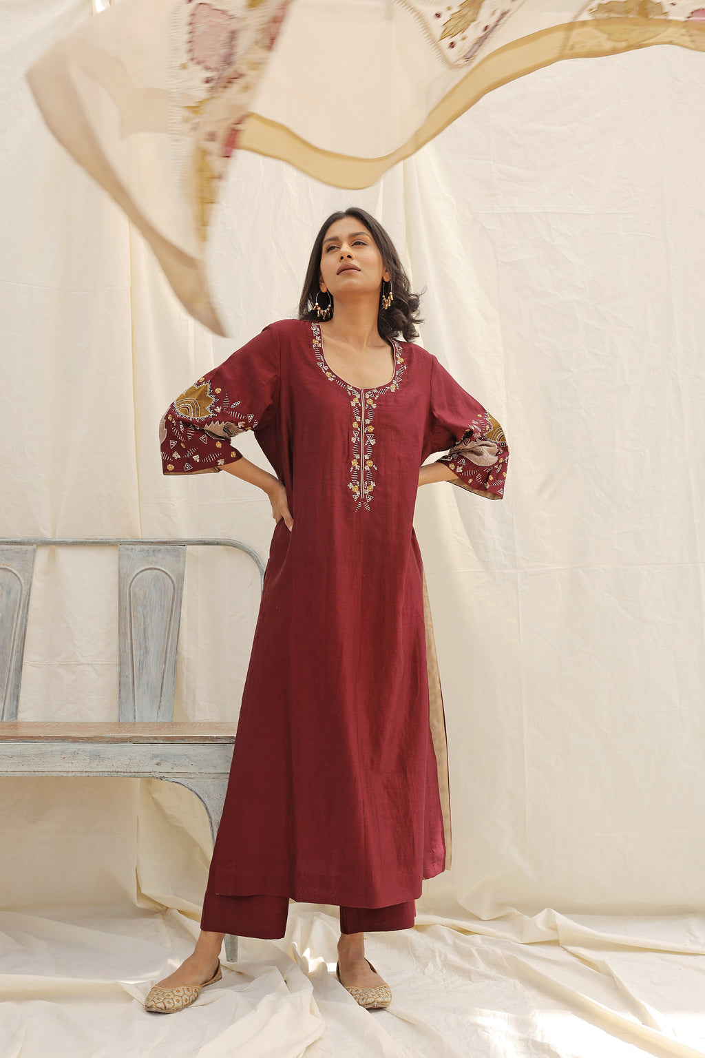 MAROON HAND EMBROIDERED KURTA SET