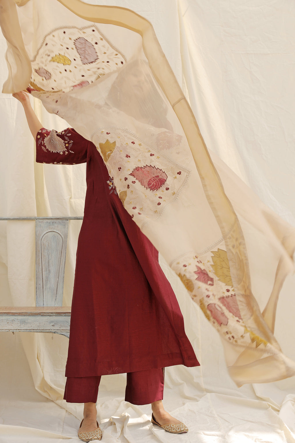 MAROON HAND EMBROIDERED KURTA SET