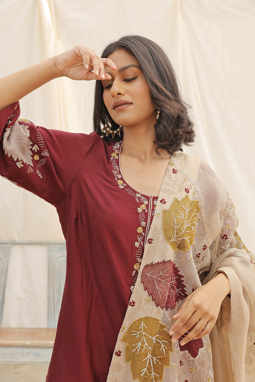 MAROON HAND EMBROIDERED KURTA SET