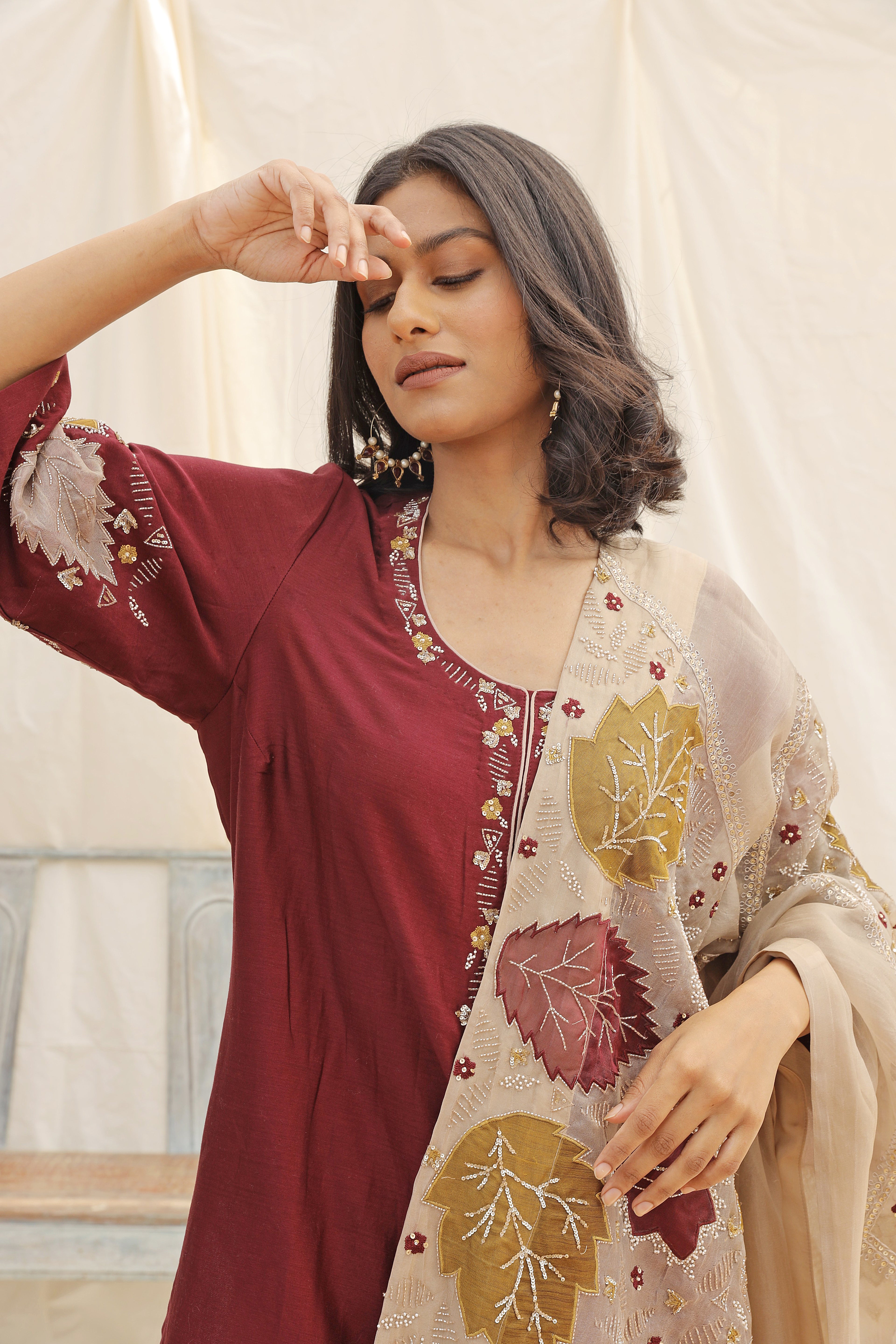 MAROON HAND EMBROIDERED KURTA SET