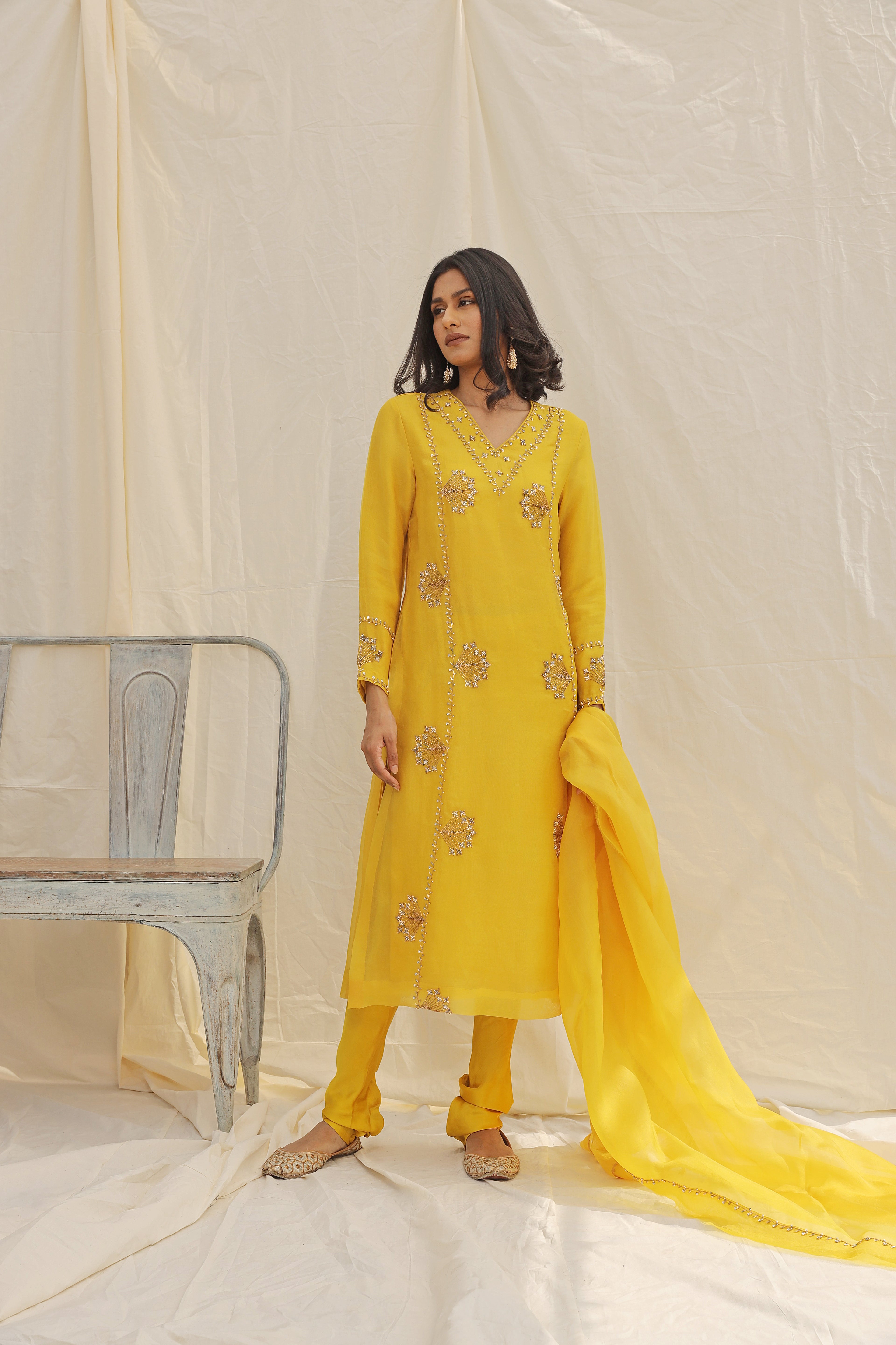 YELLOW HAND EMBROIDERED KURTA SET