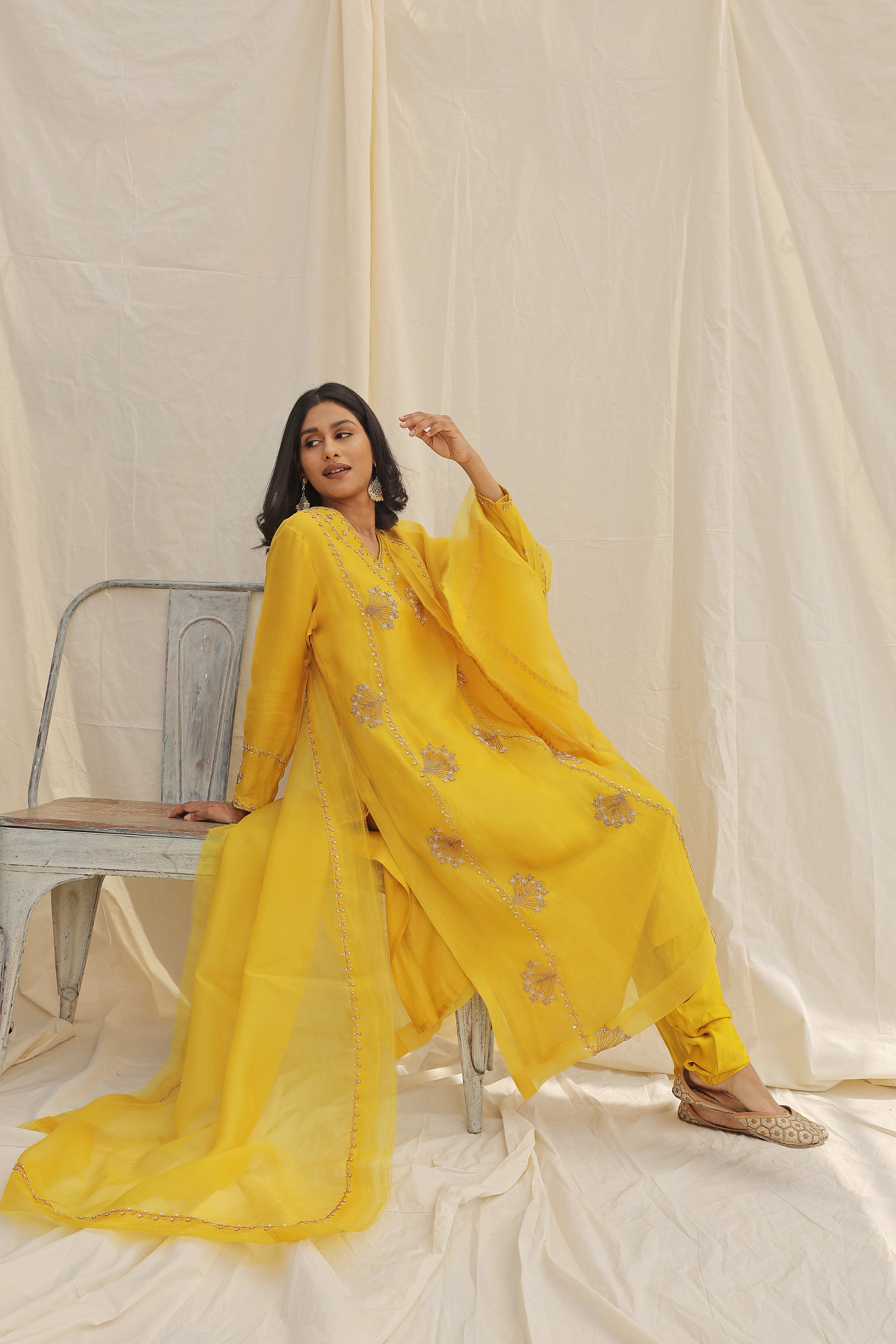 YELLOW HAND EMBROIDERED KURTA SET