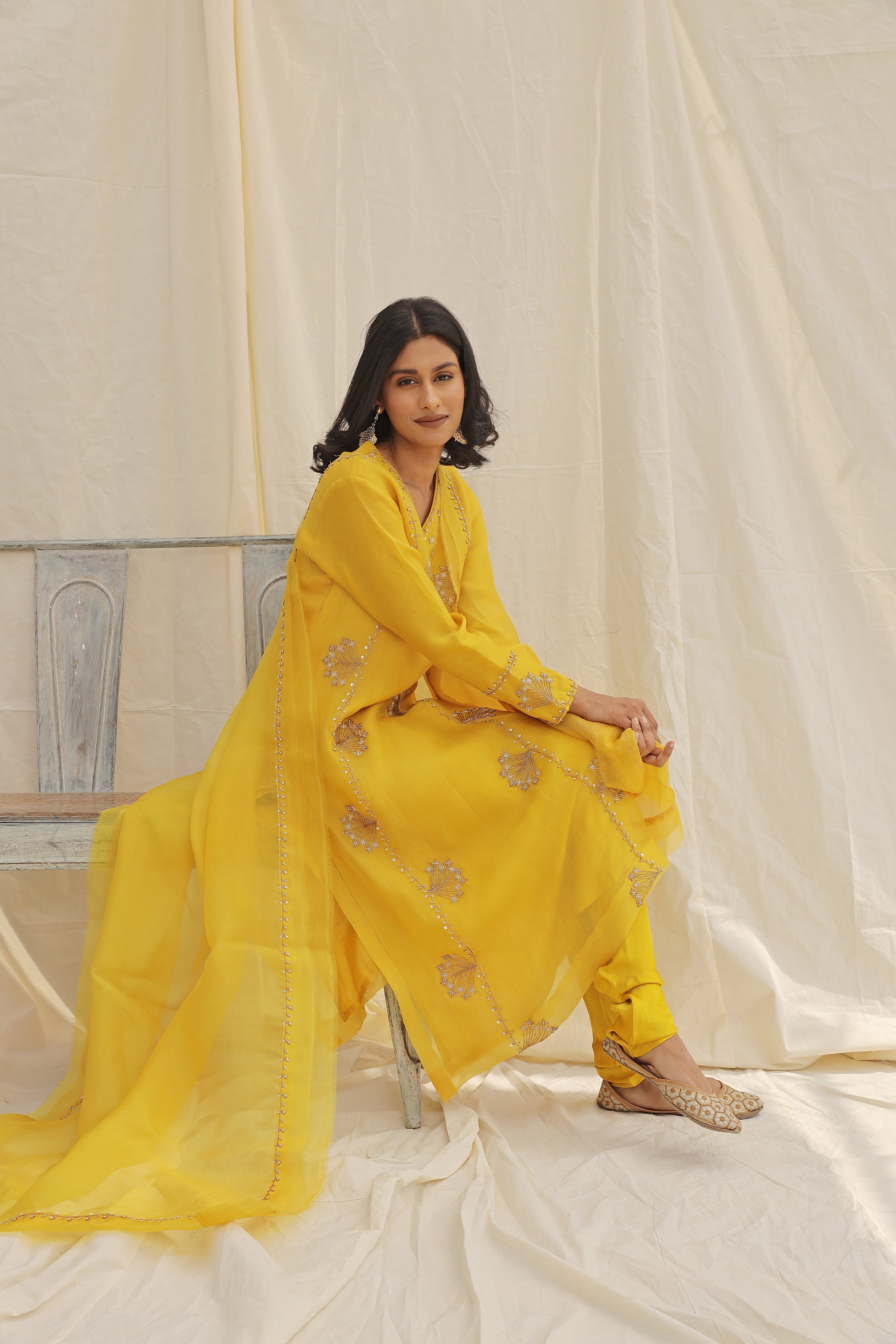 YELLOW HAND EMBROIDERED KURTA SET
