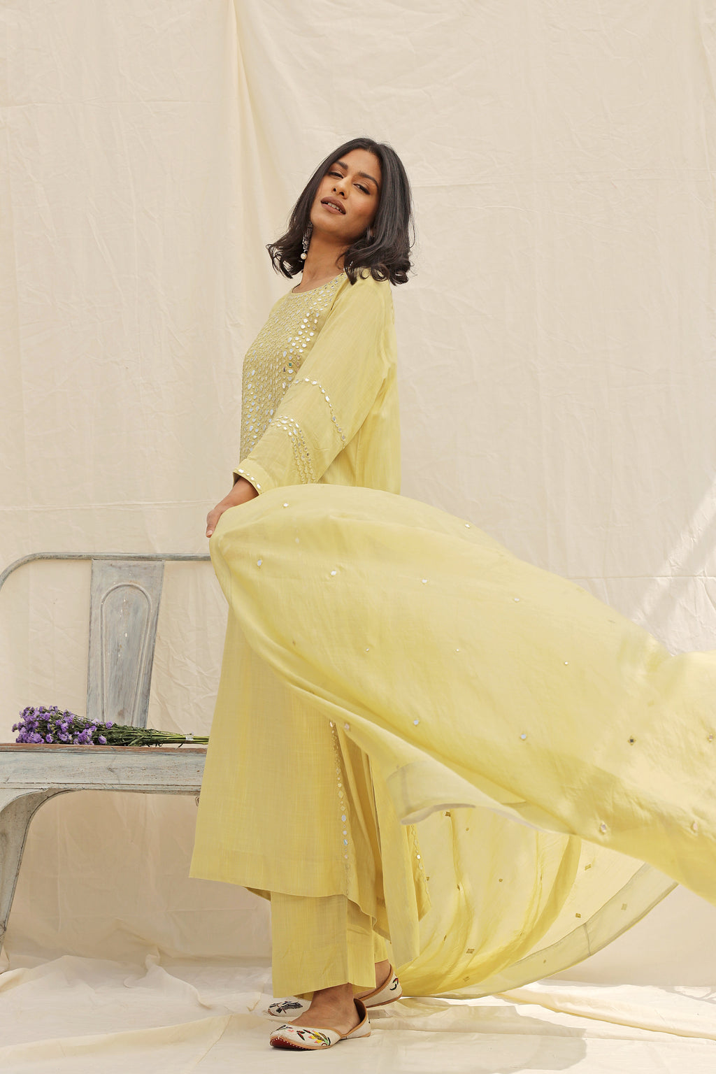 LIME GREEN KURTA WITH MIRROR WORK