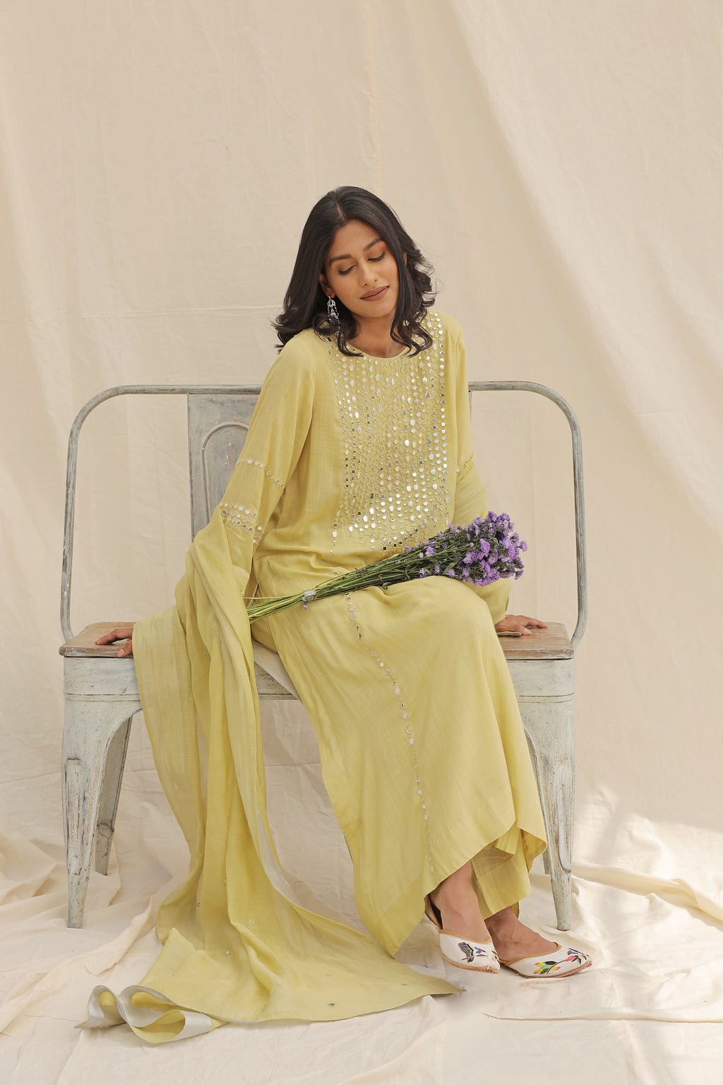 LIME GREEN KURTA WITH MIRROR WORK