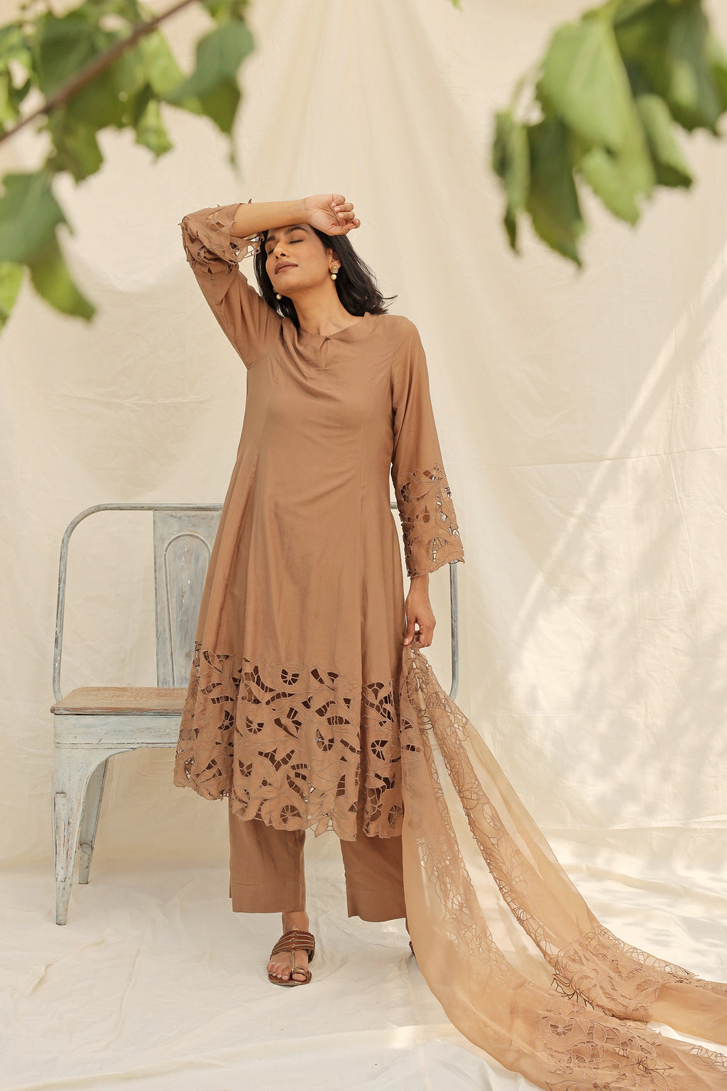 BEIGE EMBROIDERED SUIT WITH ORGANZA DUPATTA