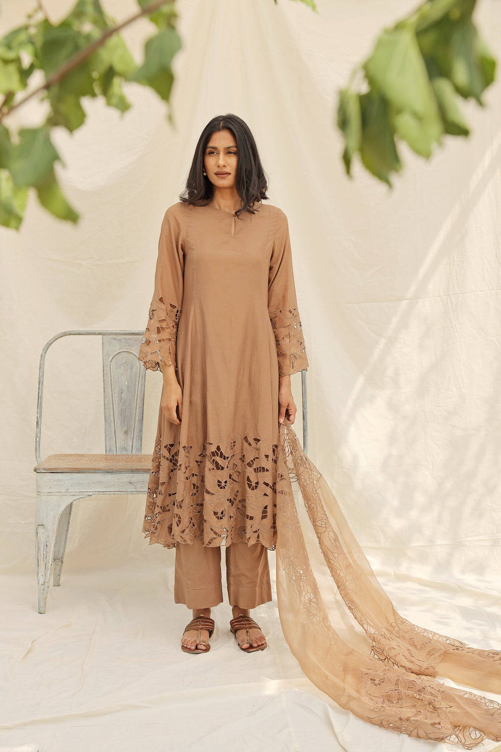 BEIGE EMBROIDERED SUIT WITH ORGANZA DUPATTA