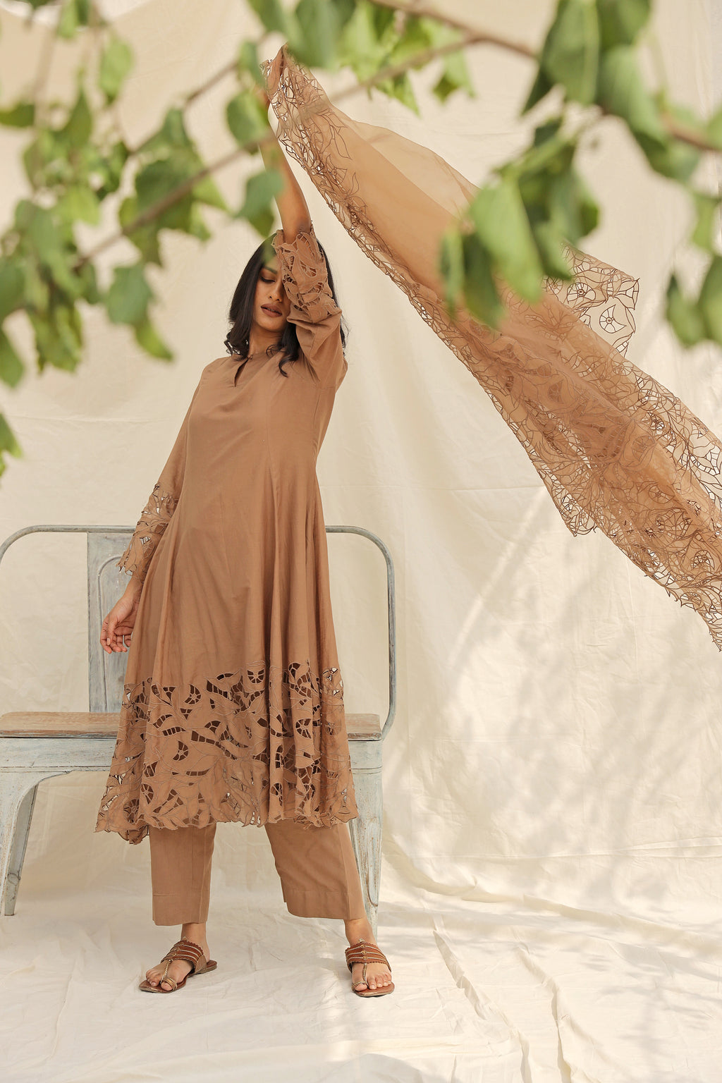 BEIGE EMBROIDERED SUIT WITH ORGANZA DUPATTA