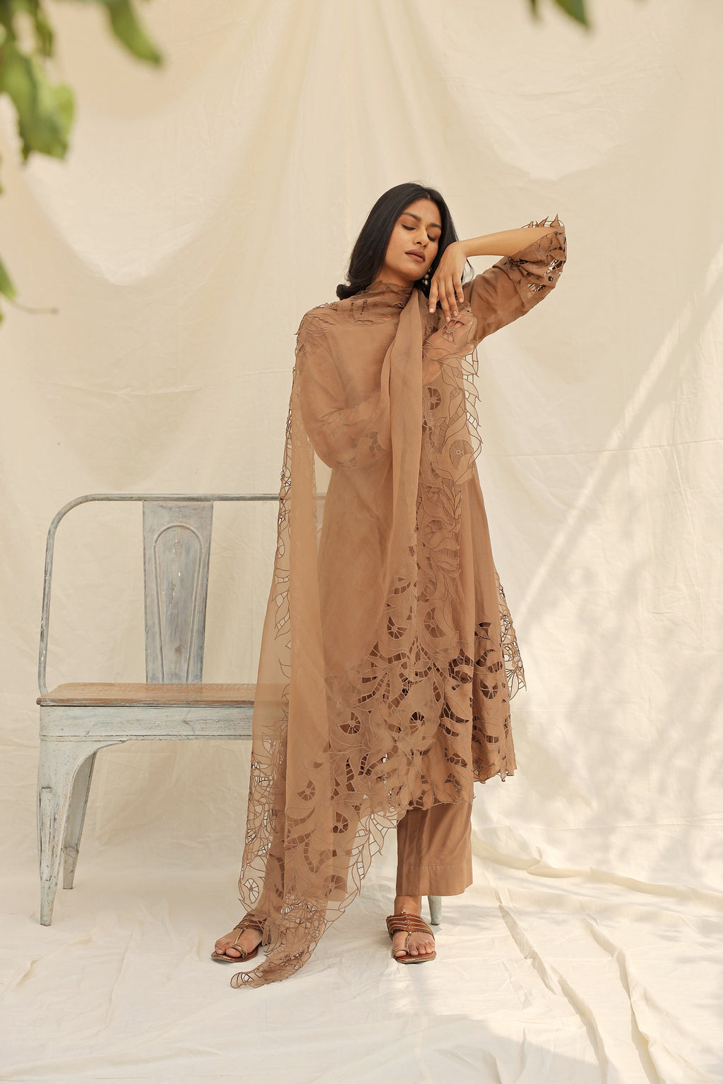 BEIGE EMBROIDERED SUIT WITH ORGANZA DUPATTA