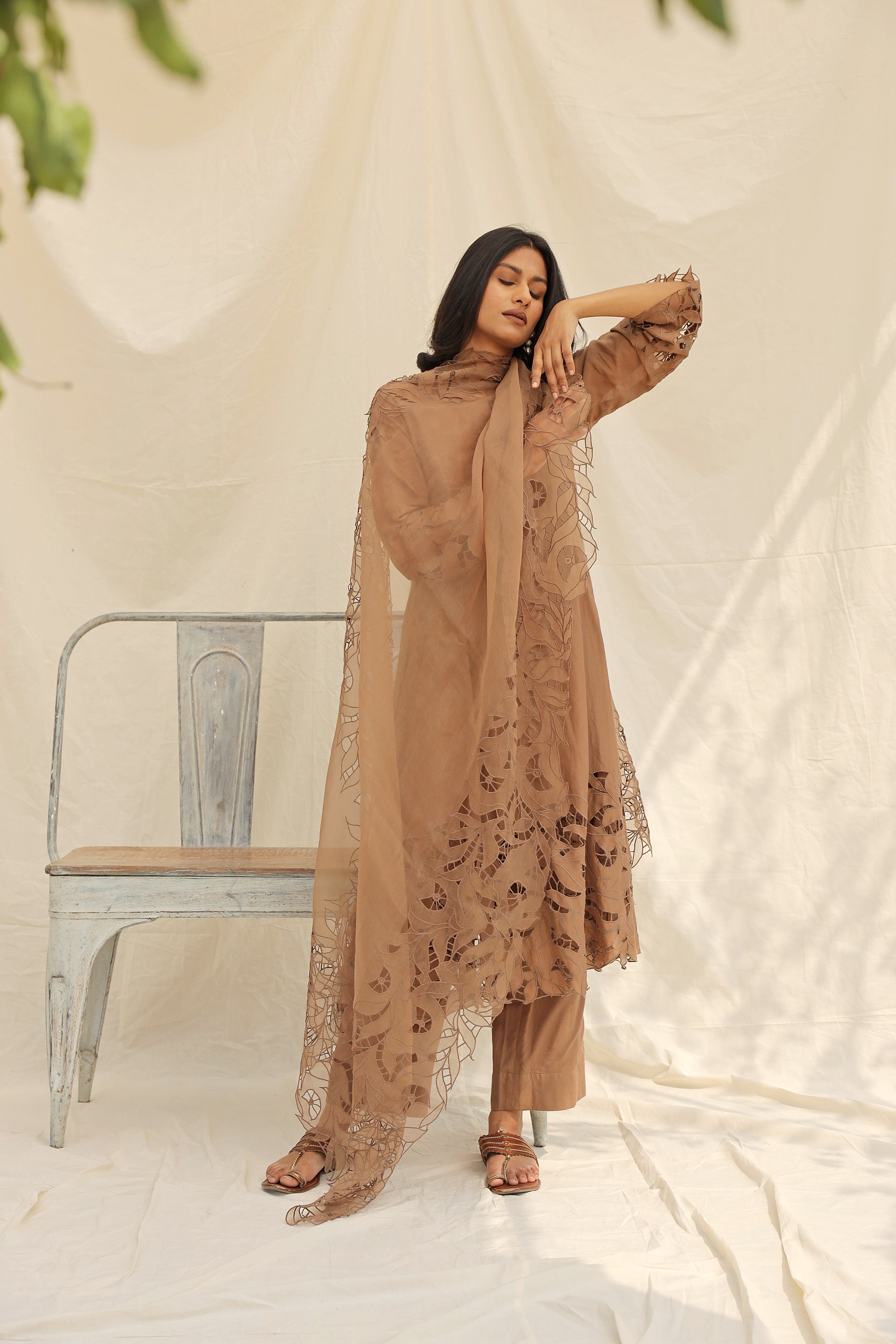 BEIGE EMBROIDERED SUIT WITH ORGANZA DUPATTA