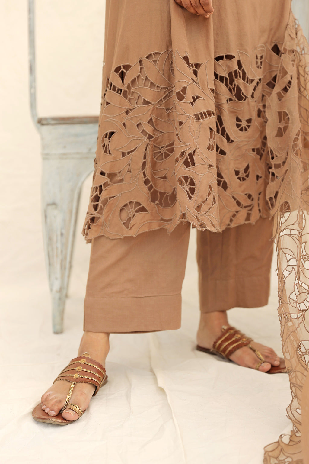 BEIGE EMBROIDERED SUIT WITH ORGANZA DUPATTA