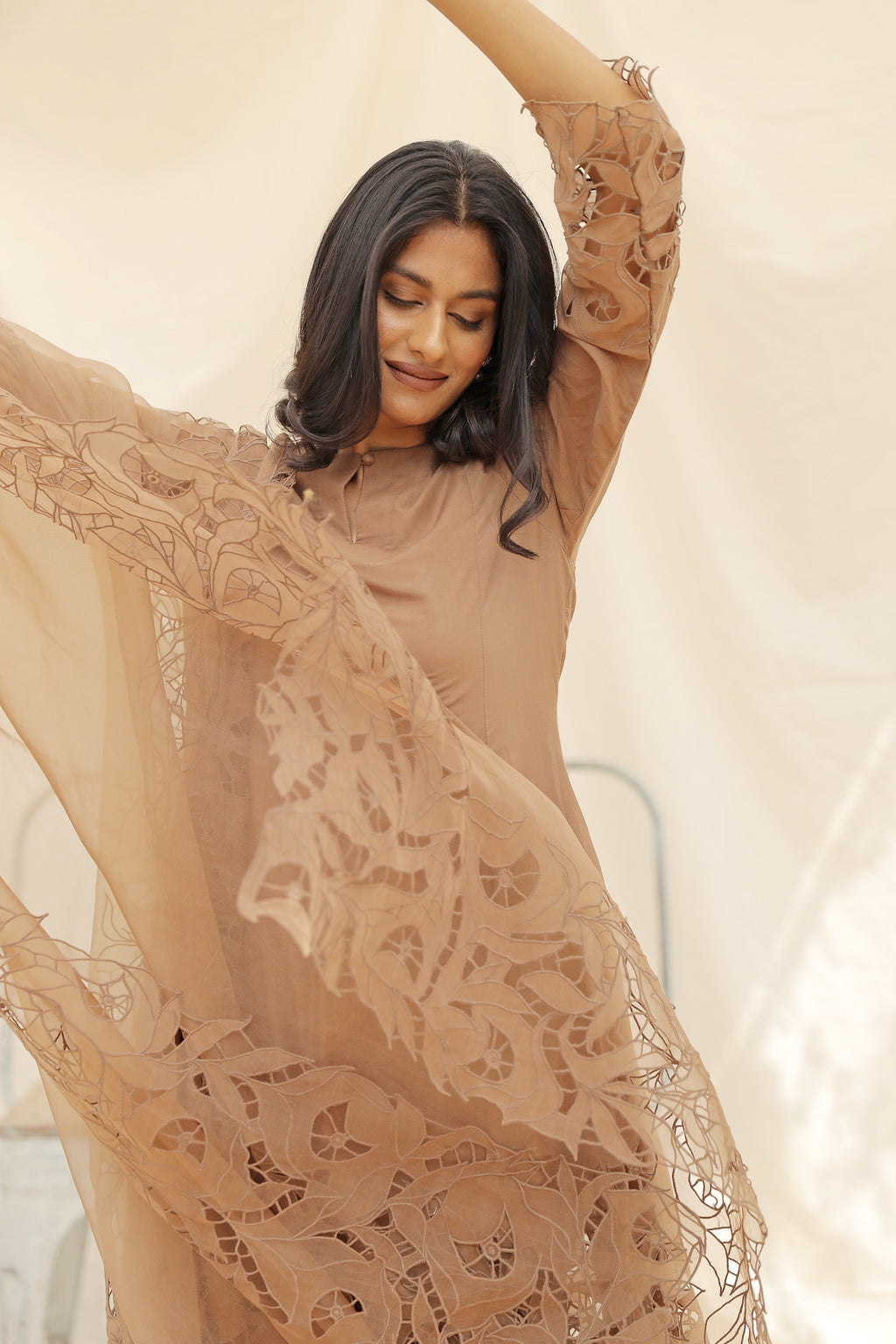 BEIGE EMBROIDERED SUIT WITH ORGANZA DUPATTA