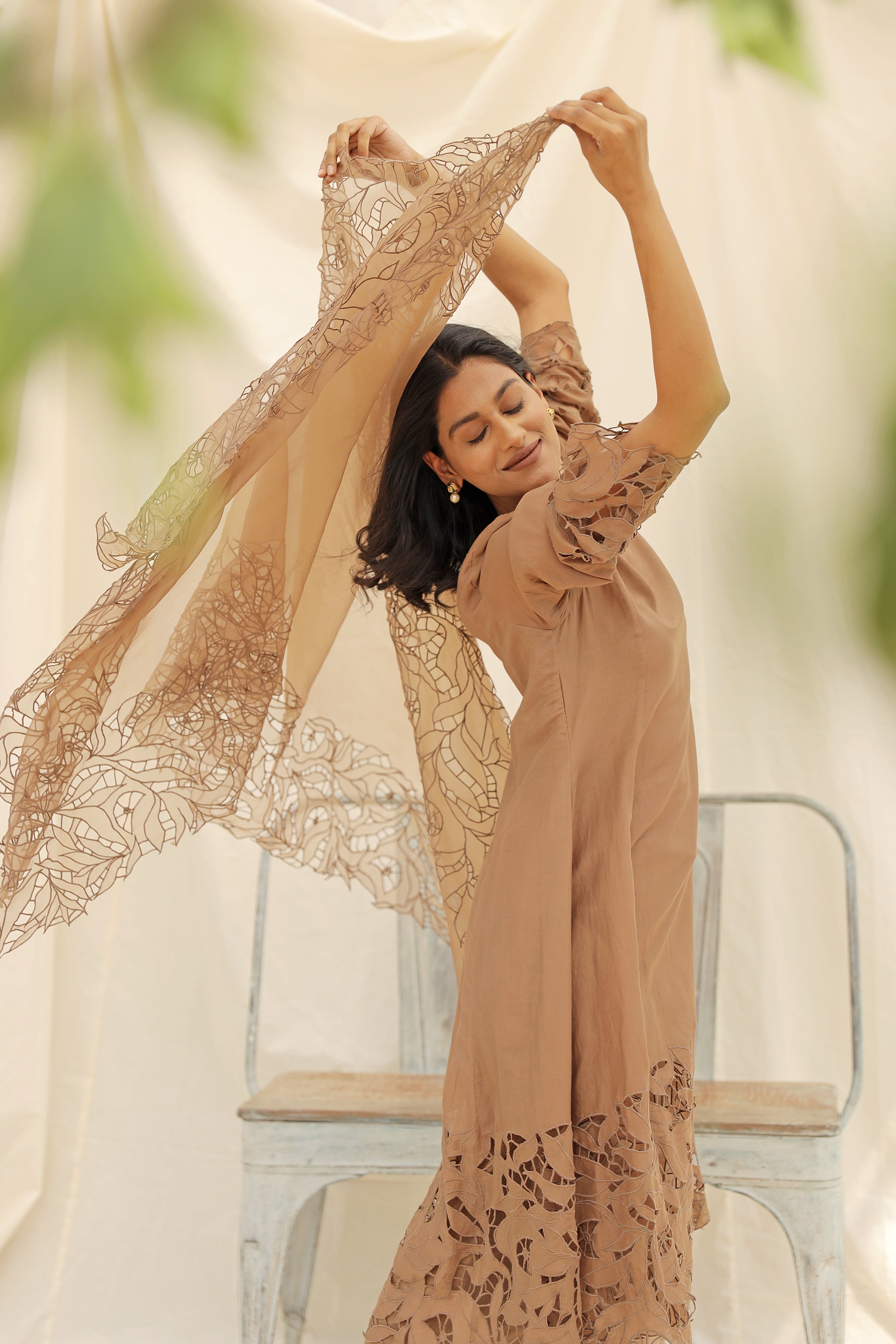 BEIGE EMBROIDERED SUIT WITH ORGANZA DUPATTA