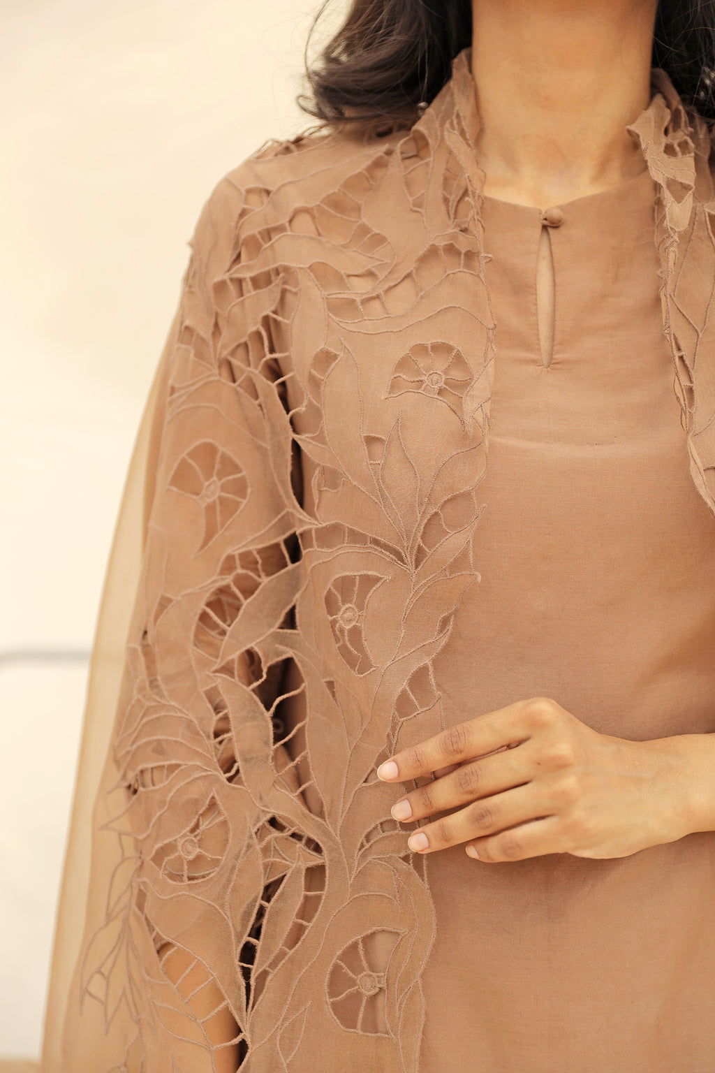BEIGE EMBROIDERED SUIT WITH ORGANZA DUPATTA