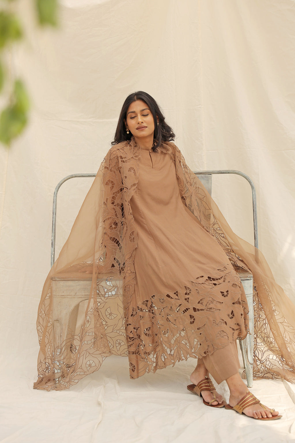 BEIGE EMBROIDERED SUIT WITH ORGANZA DUPATTA
