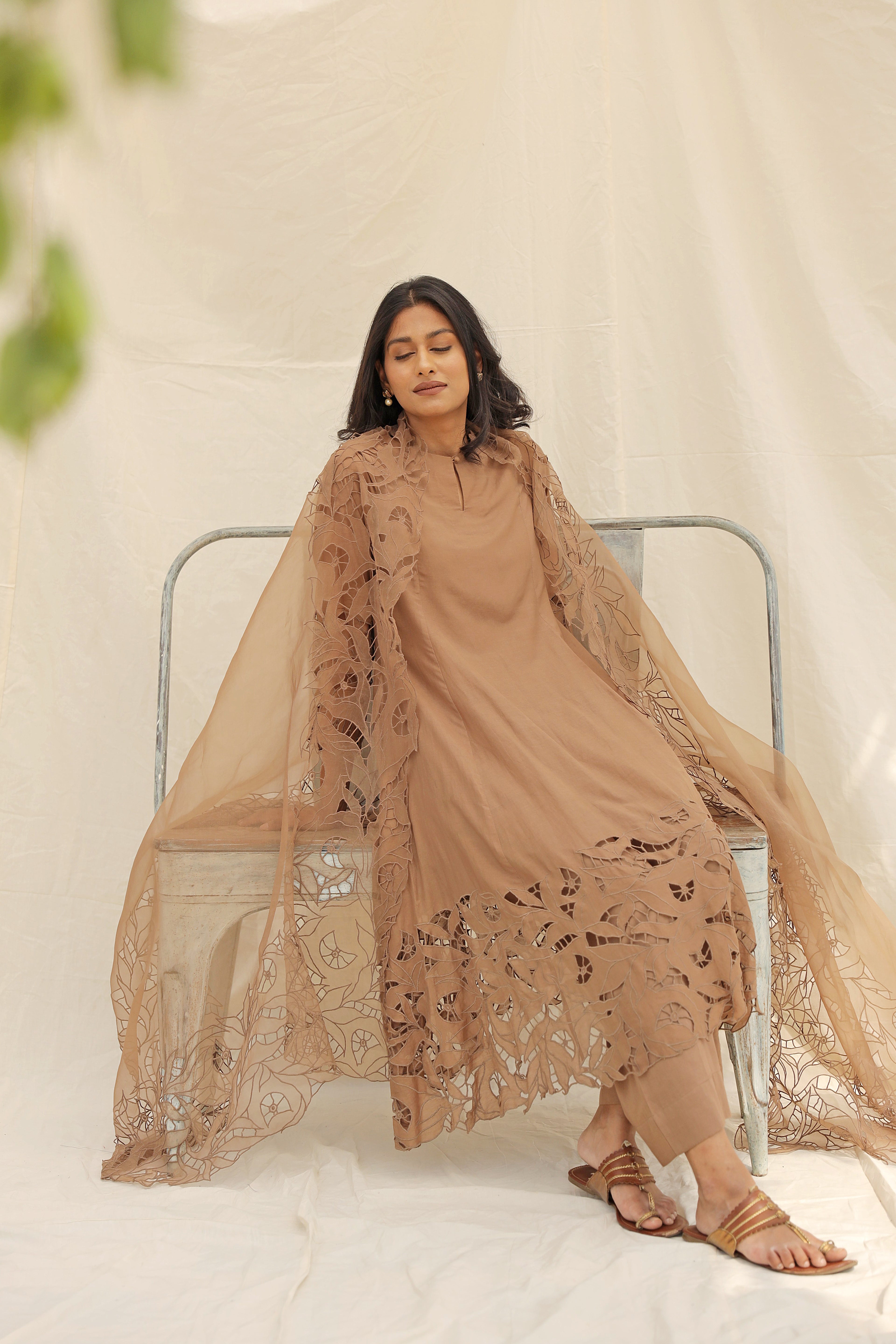 BEIGE EMBROIDERED SUIT WITH ORGANZA DUPATTA