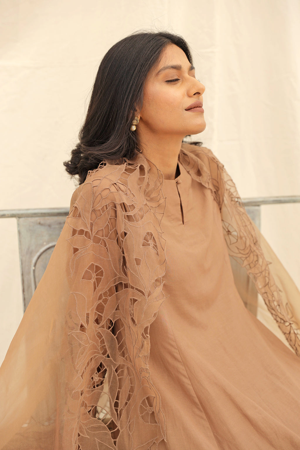 BEIGE EMBROIDERED SUIT WITH ORGANZA DUPATTA
