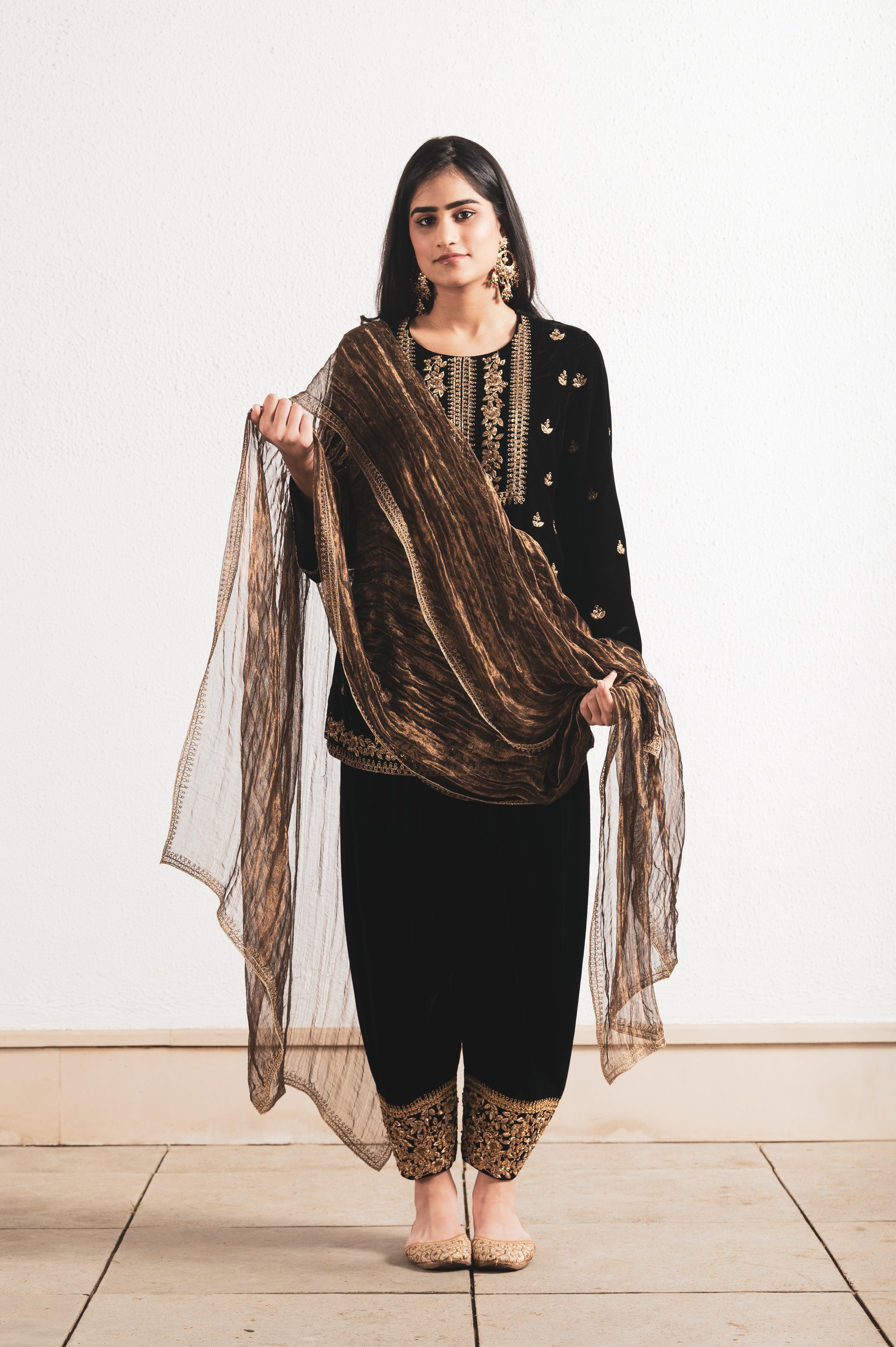 BLACK VELVET DABKA EMBROIDERY SALWAR KURTA