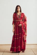 RED ORGNAZA EMBROIDERED GOWN SET