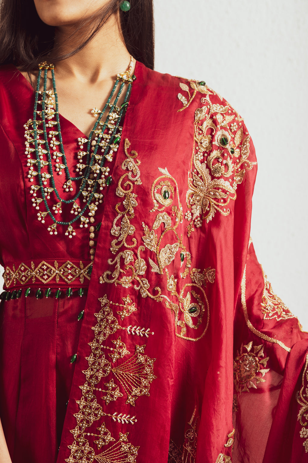 RED ORGNAZA EMBROIDERED GOWN SET