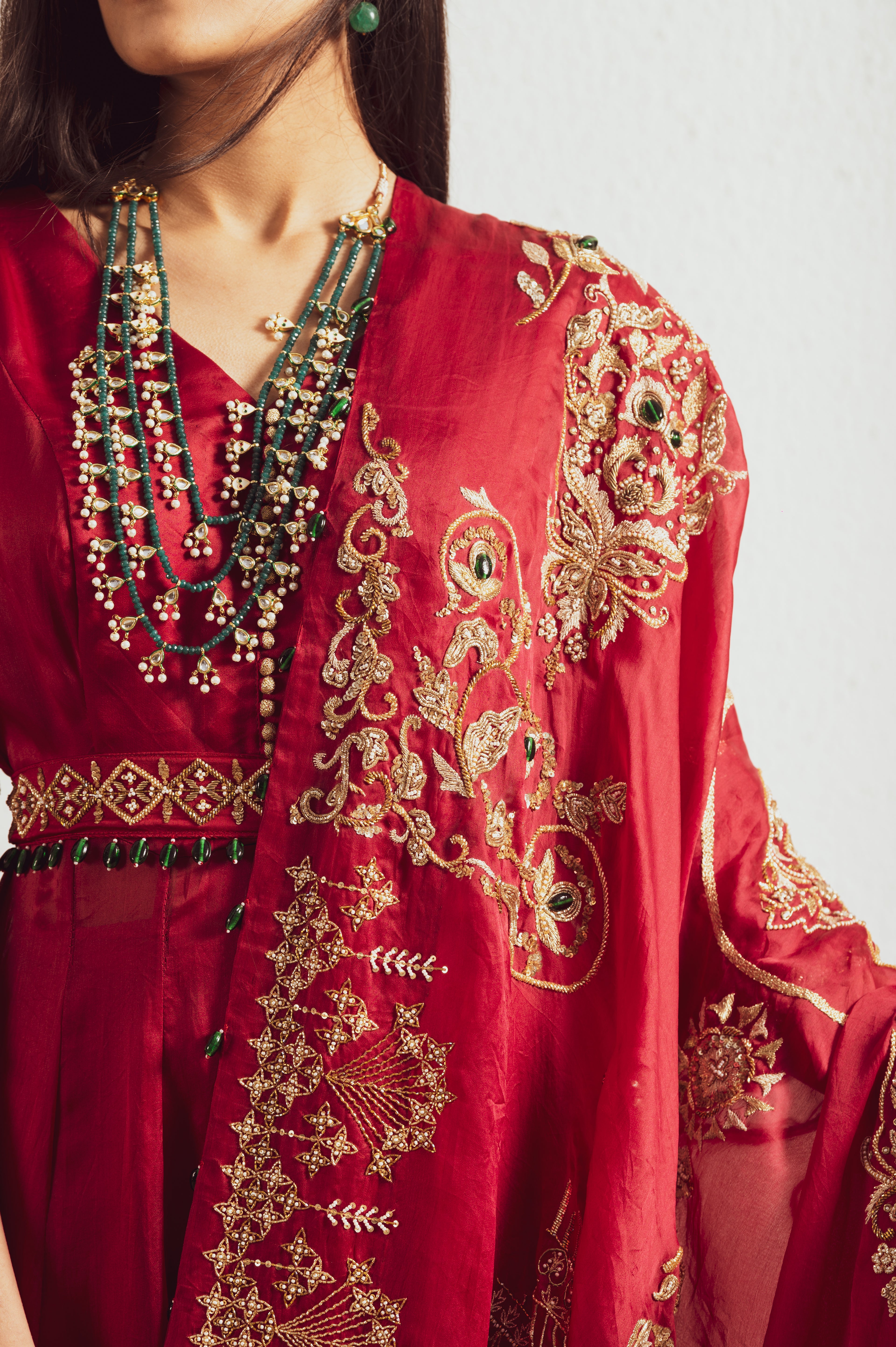 RED ORGNAZA EMBROIDERED GOWN SET