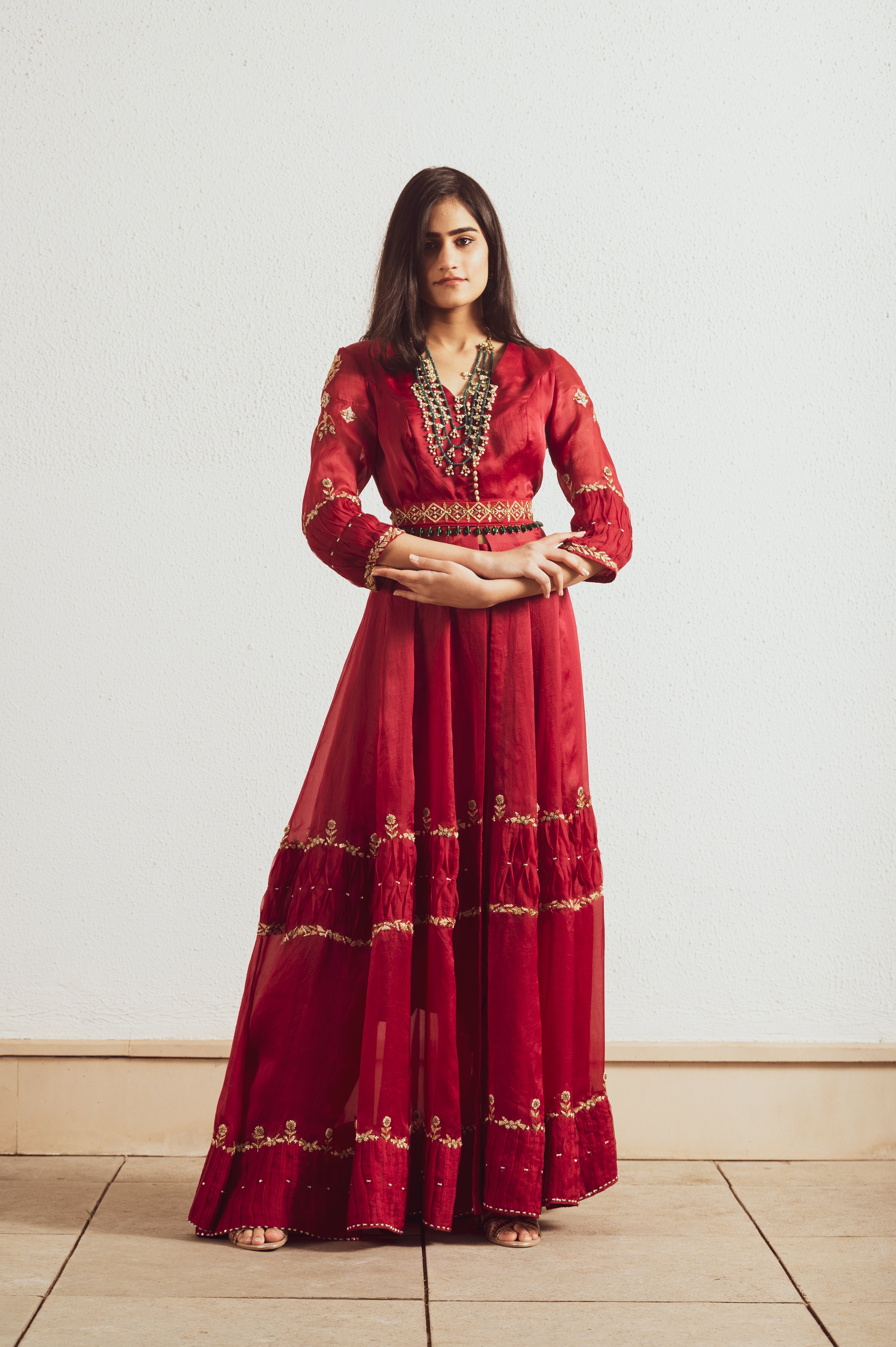 RED ORGNAZA EMBROIDERED GOWN SET