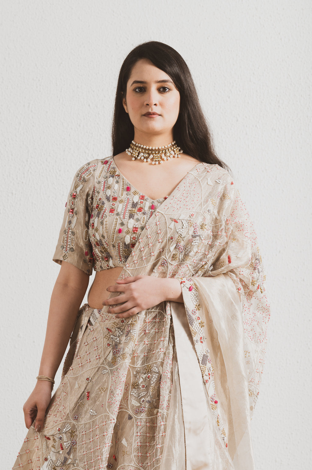 BEIGE HAND EMBROIDERED LEHENGA