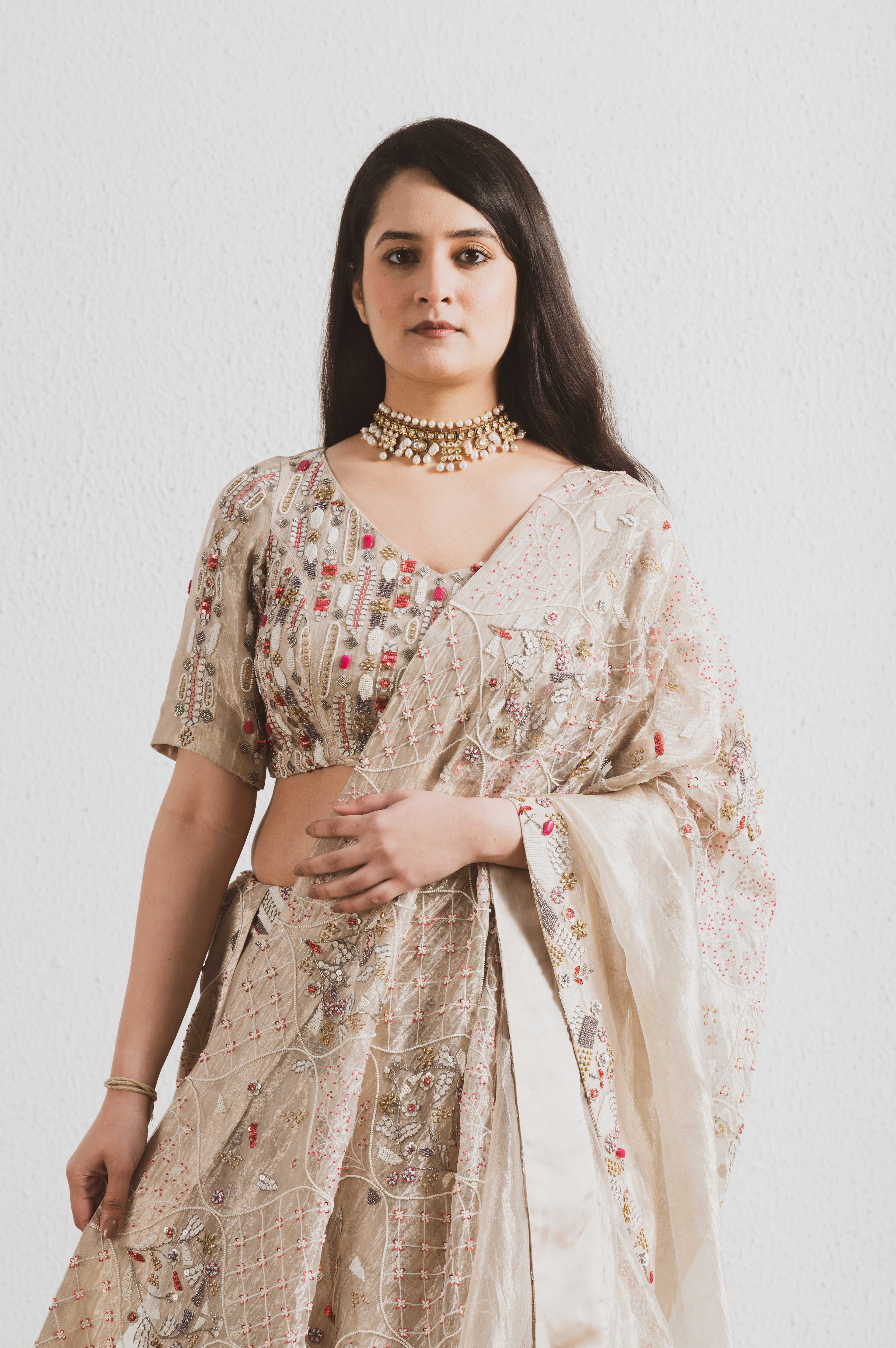 BEIGE HAND EMBROIDERED LEHENGA