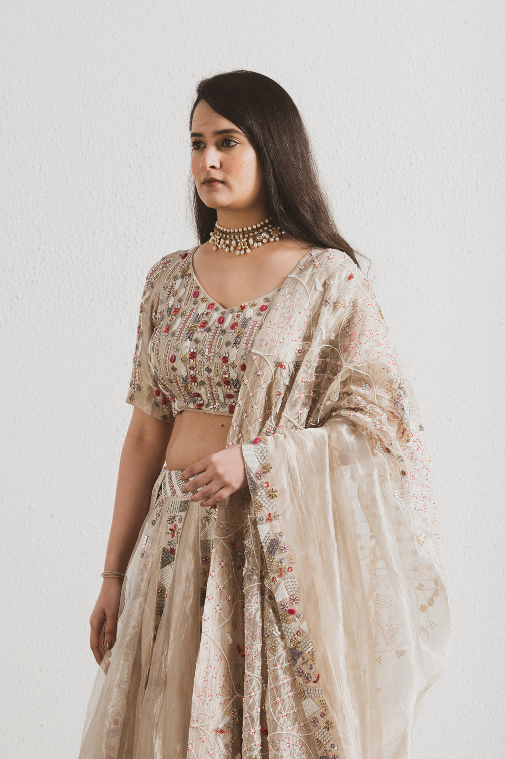 BEIGE HAND EMBROIDERED LEHENGA