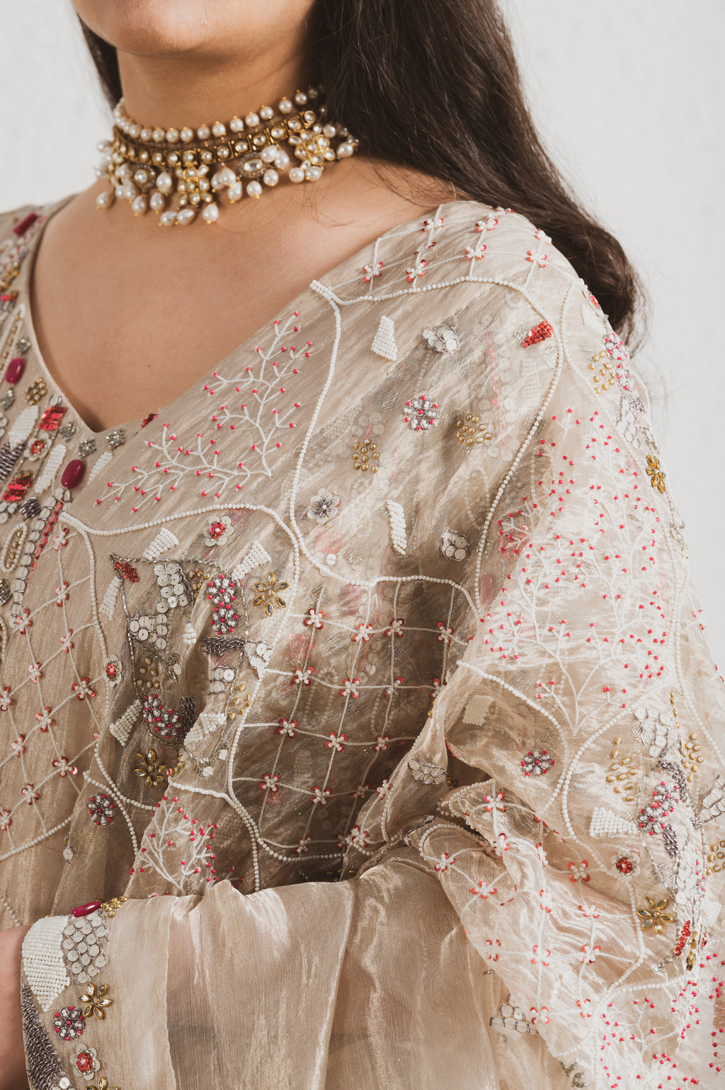 BEIGE HAND EMBROIDERED LEHENGA
