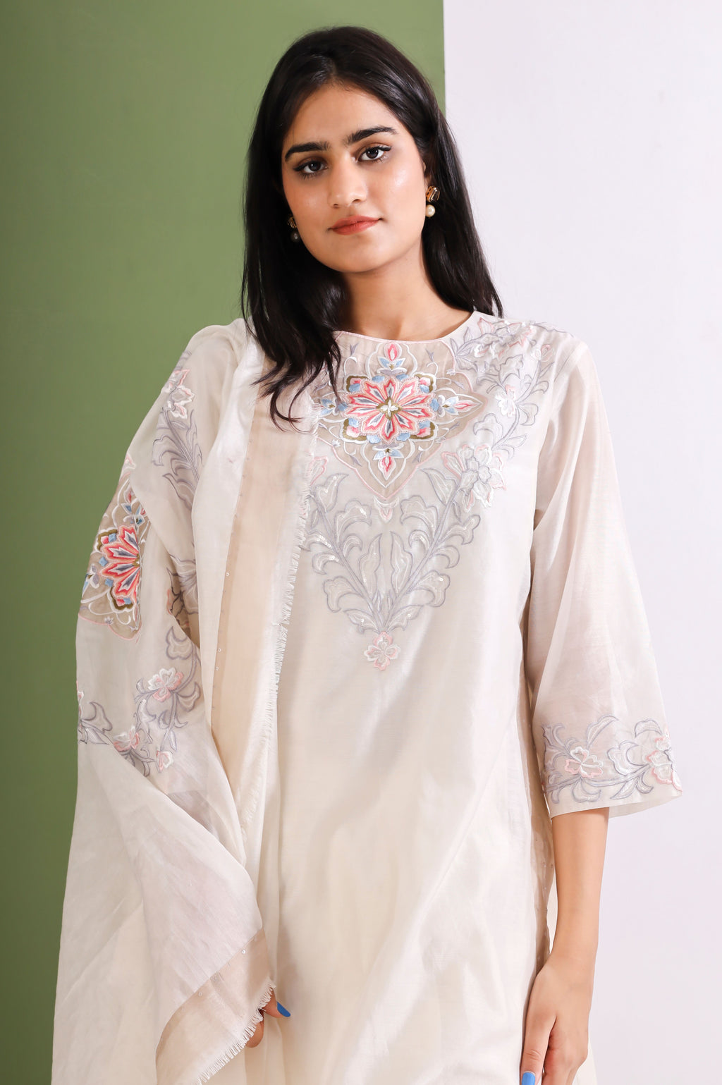 Ivory Beige Embroidered Chanderi Suit