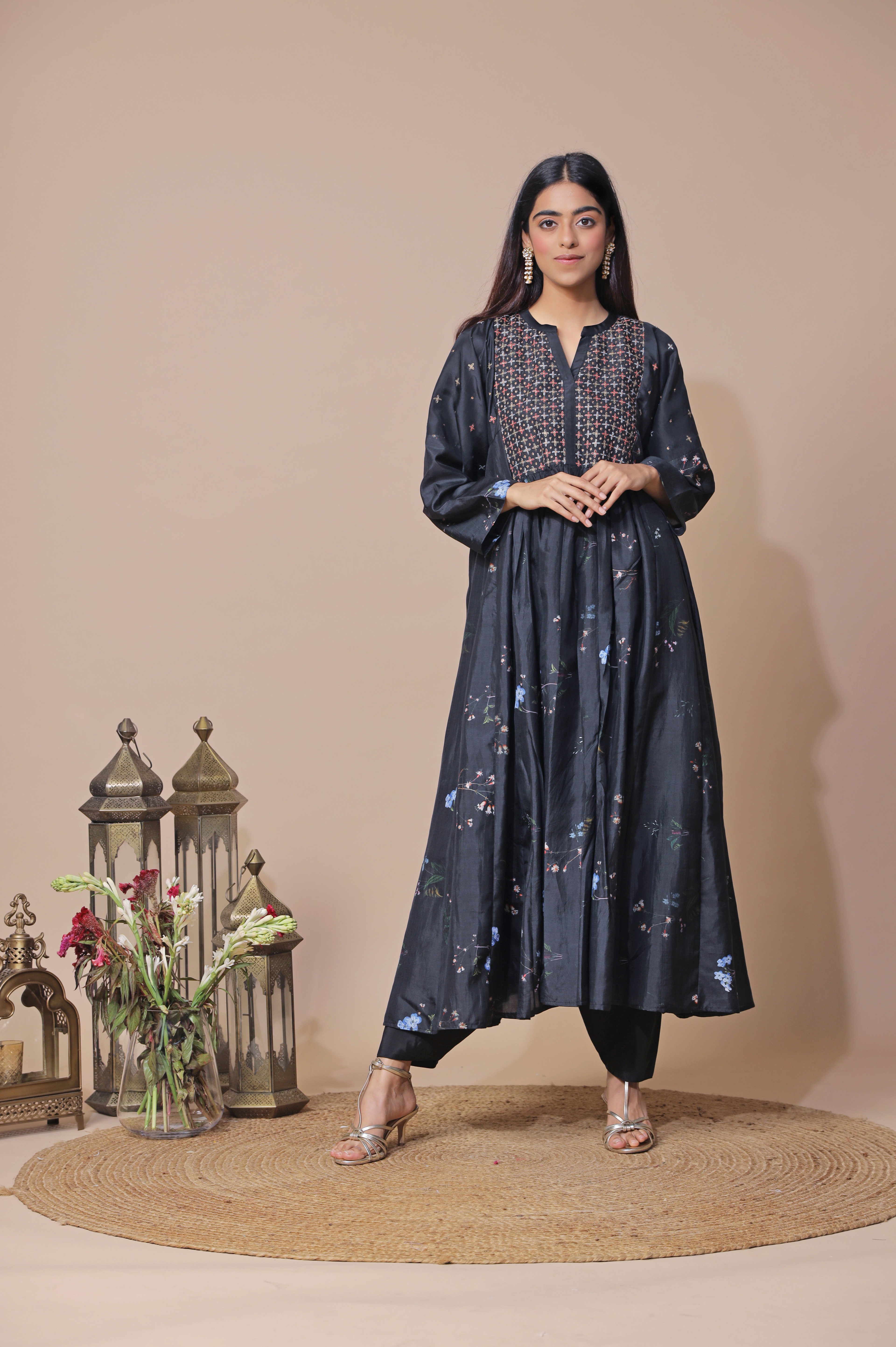 Black Printed Silk Kurta Set