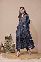 Black Printed Silk Kurta Set