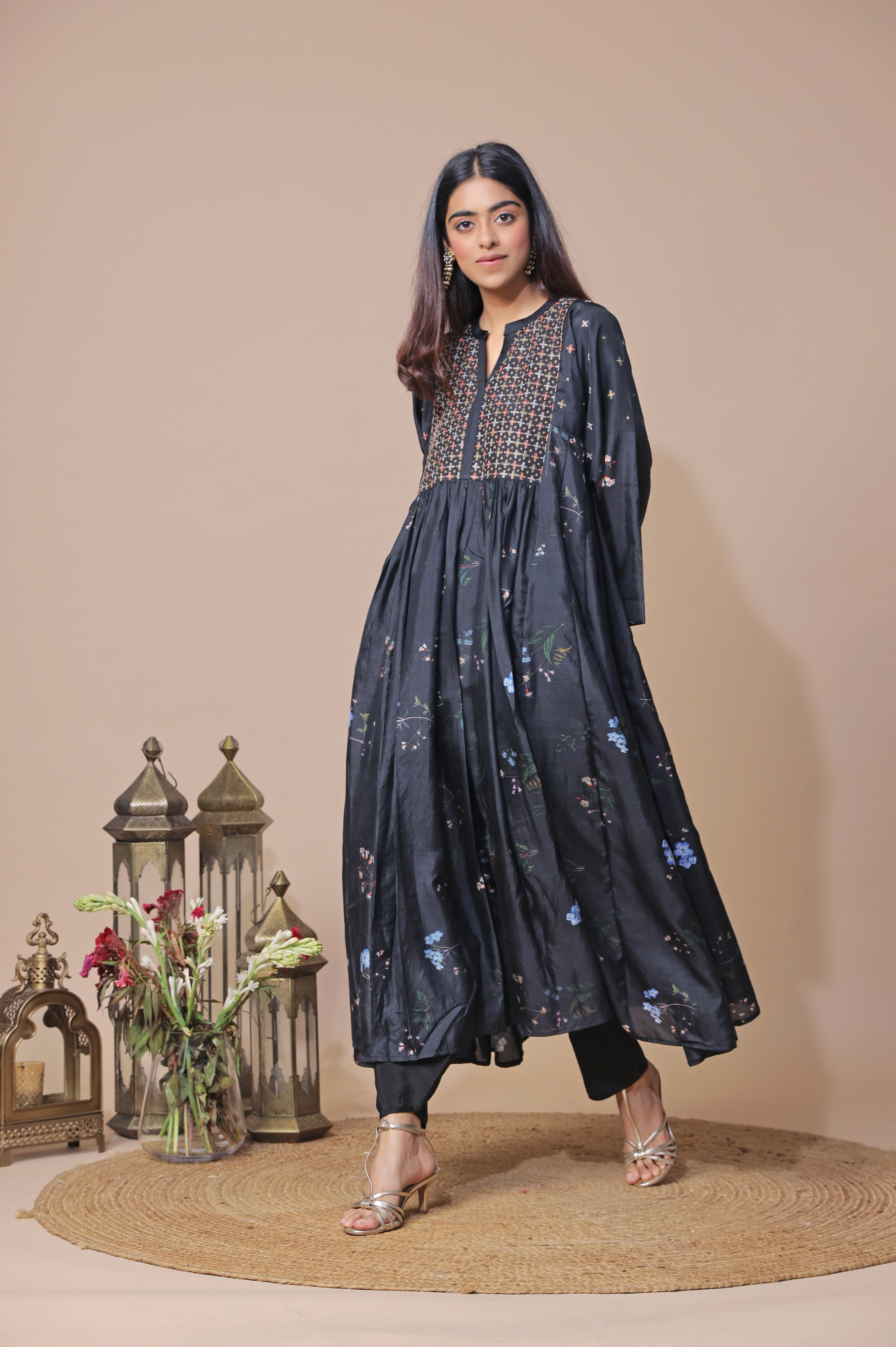 Black Printed Silk Kurta Set