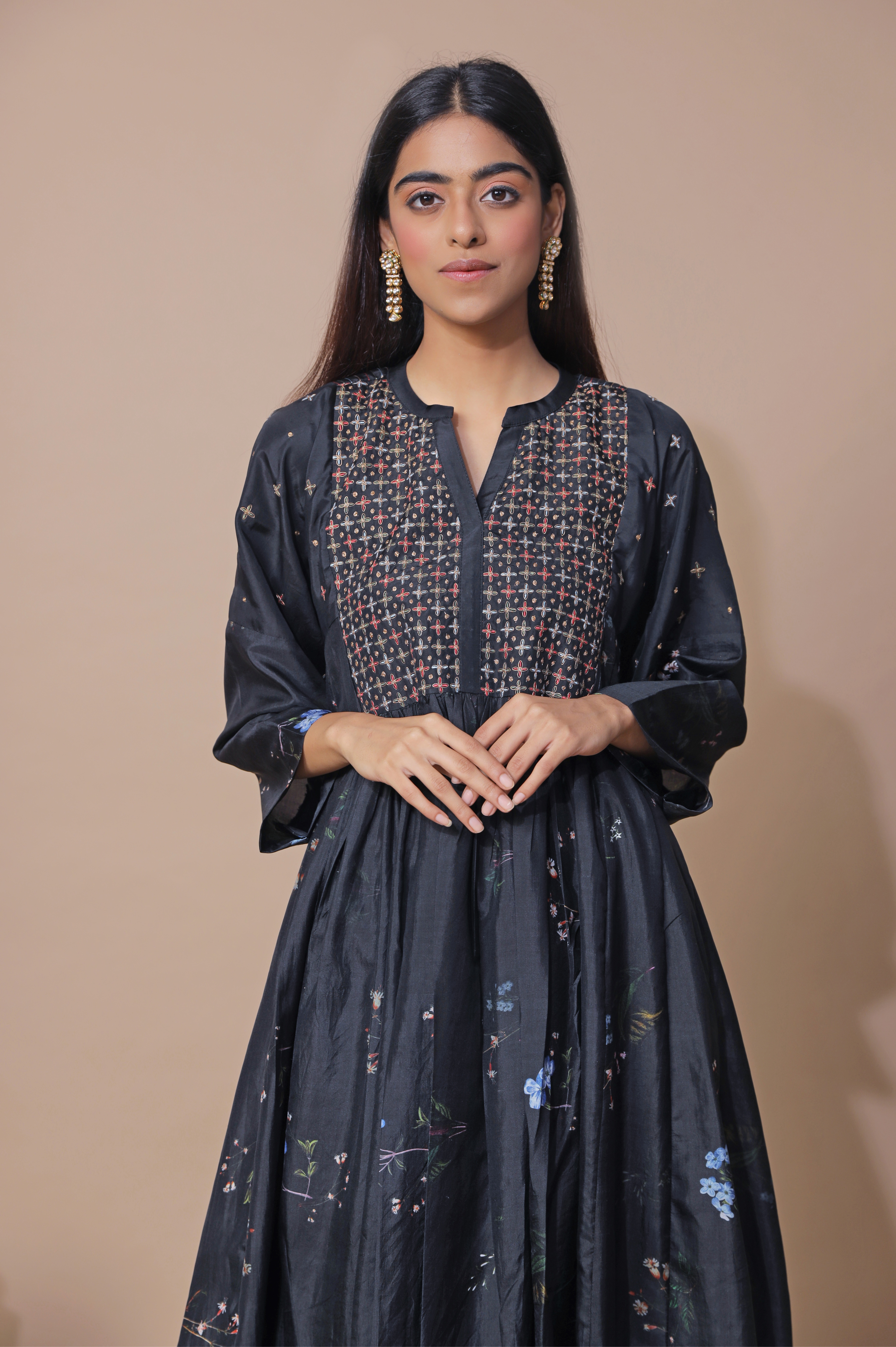 Black Printed Silk Kurta Set