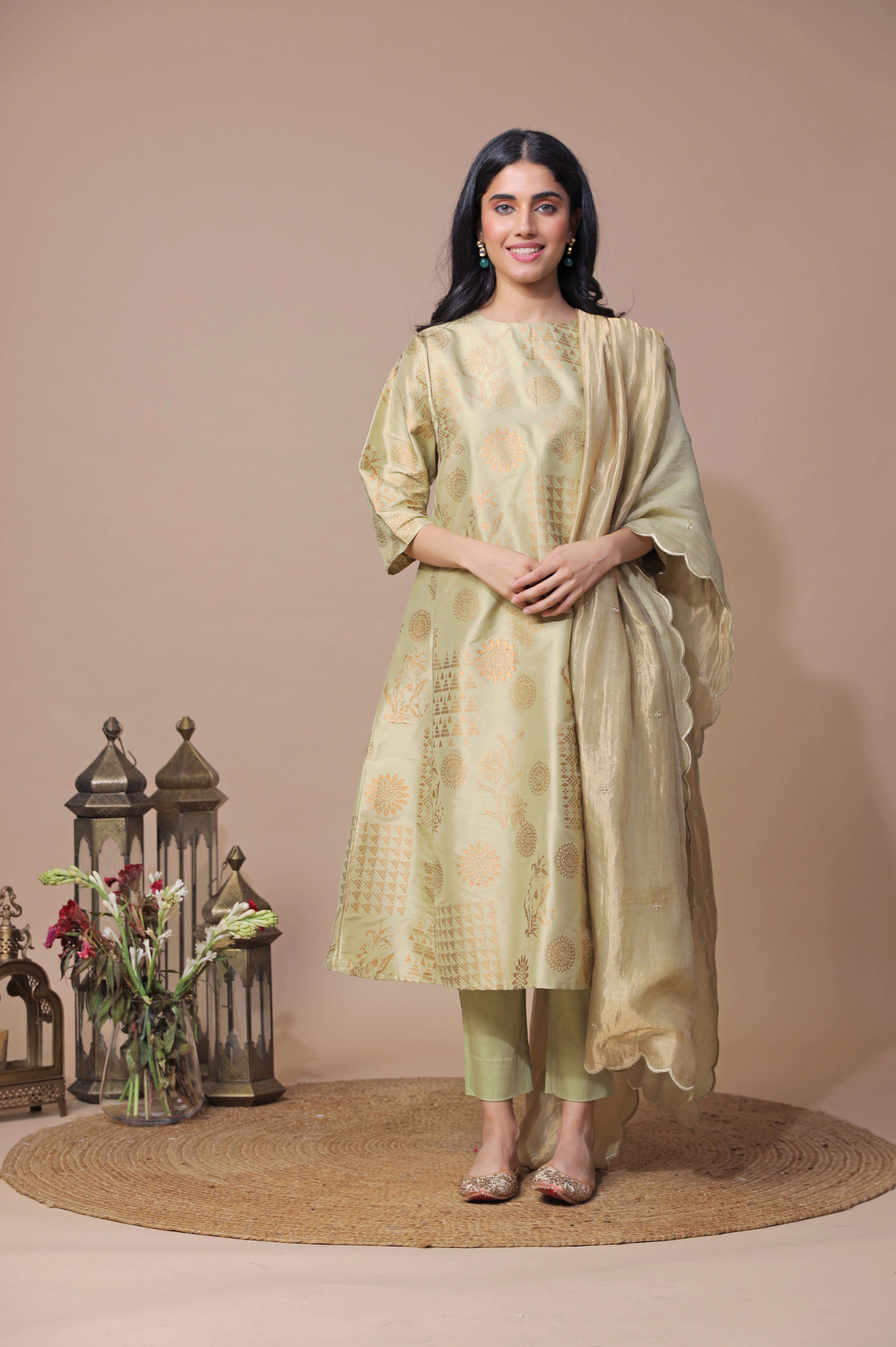 Pista Green Block Print Kurta Set