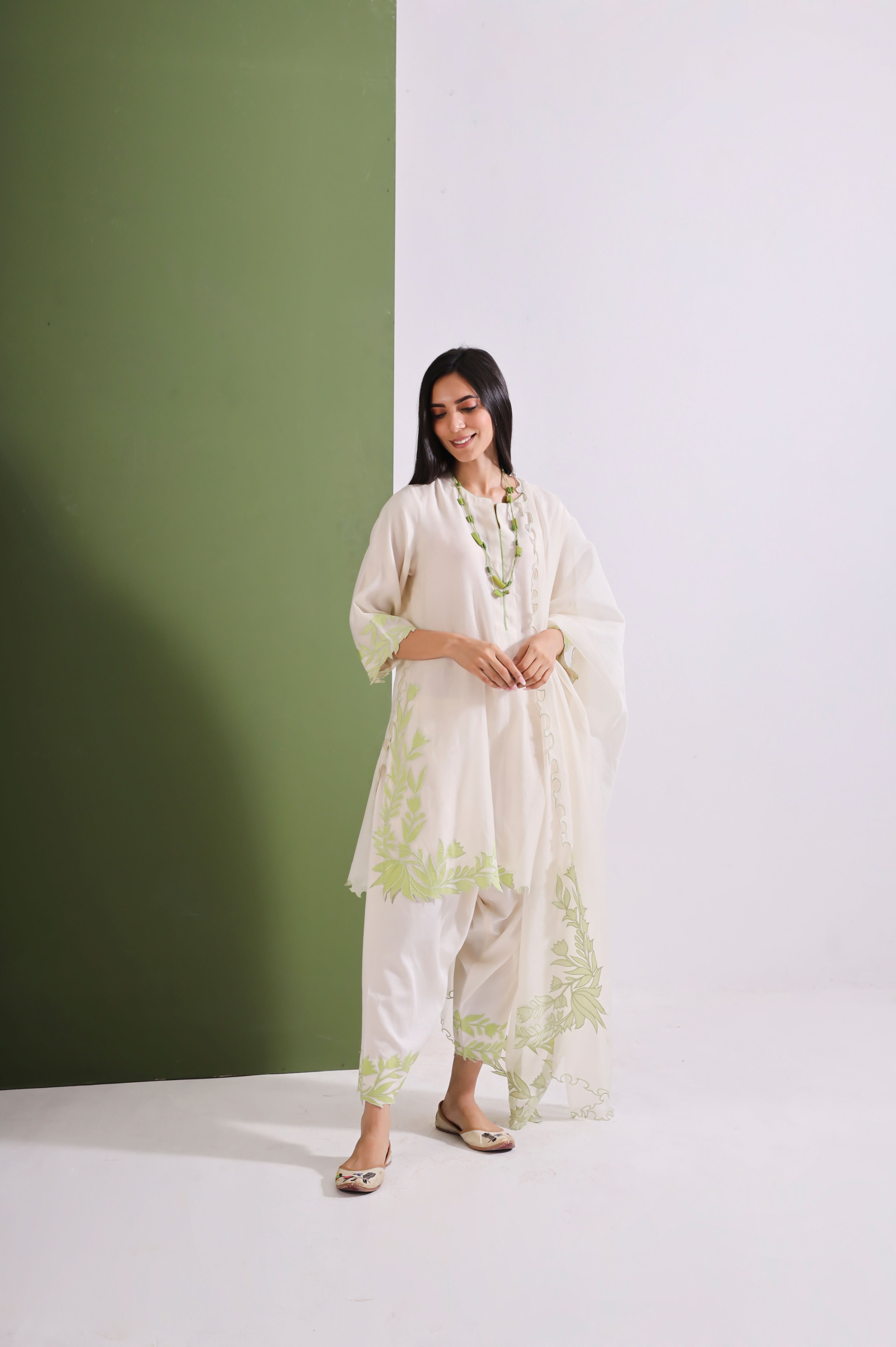 Off White Lime Chanderi Kurta Set