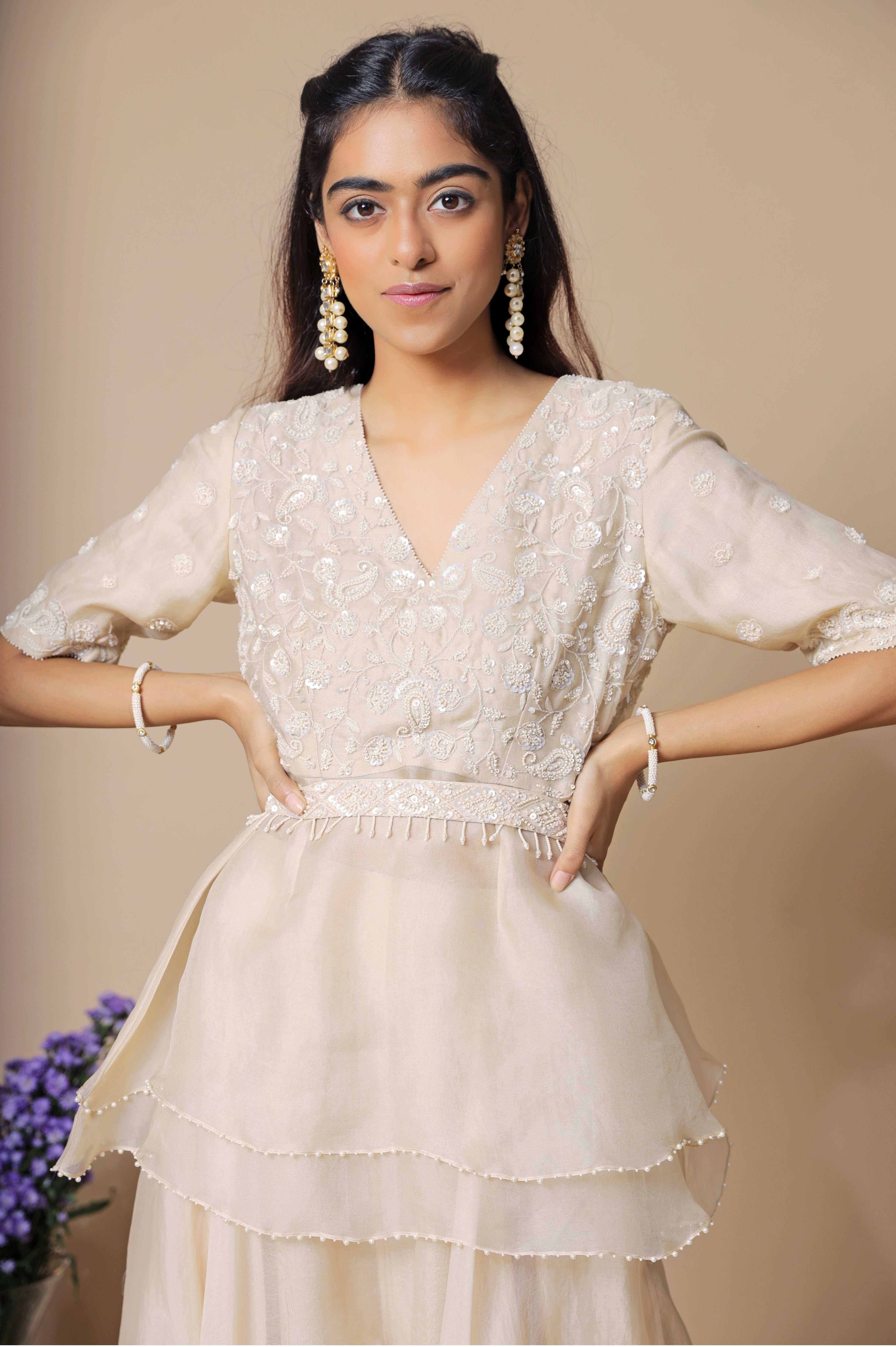 Beige Off White Organza Sharara Set