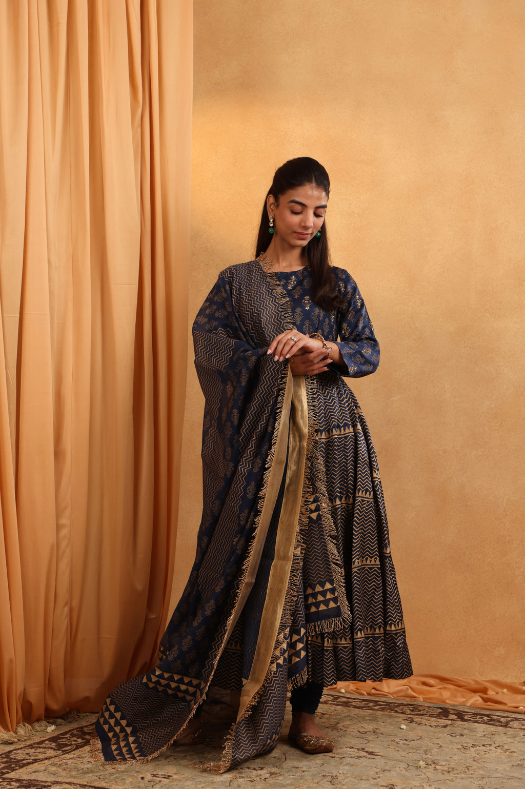 Navy Blue Block Print Anarkali Set