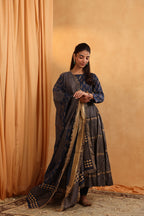 Navy Blue Block Print Anarkali Set