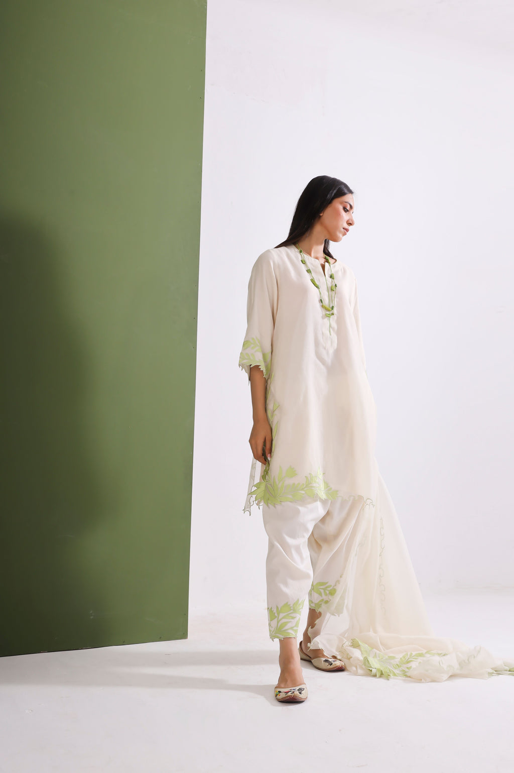 Off White Lime Chanderi Kurta Set