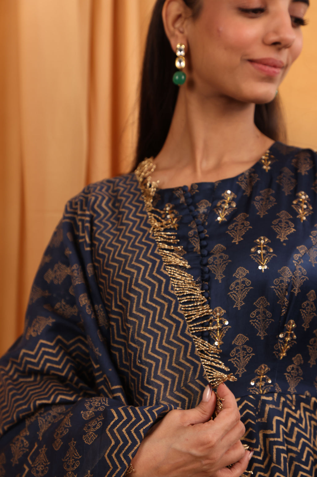 Navy Blue Block Print Anarkali Set