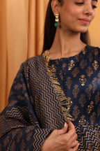 Navy Blue Block Print Anarkali Set