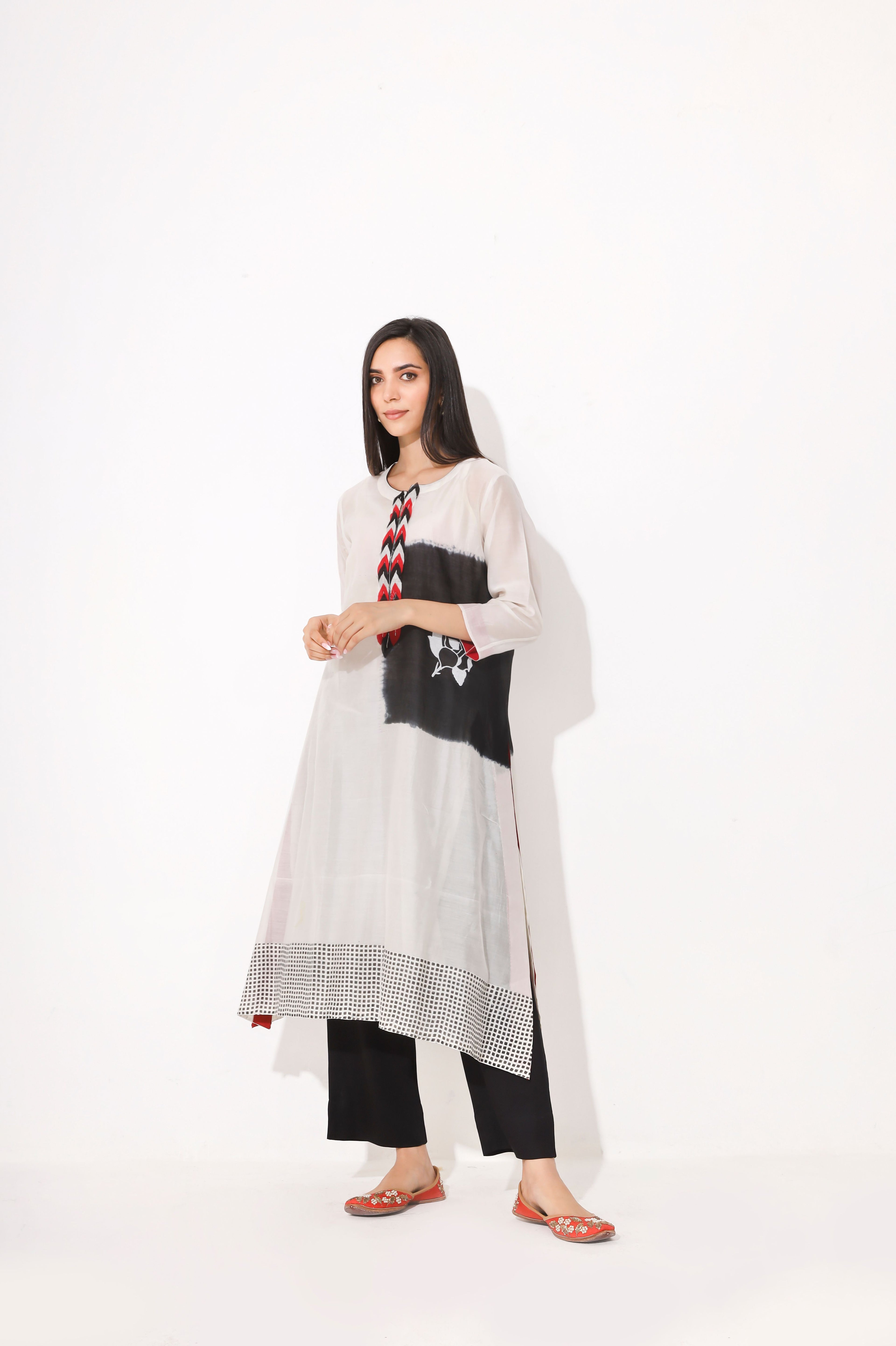 Black White Block Print Tie Dye Kurta Set
