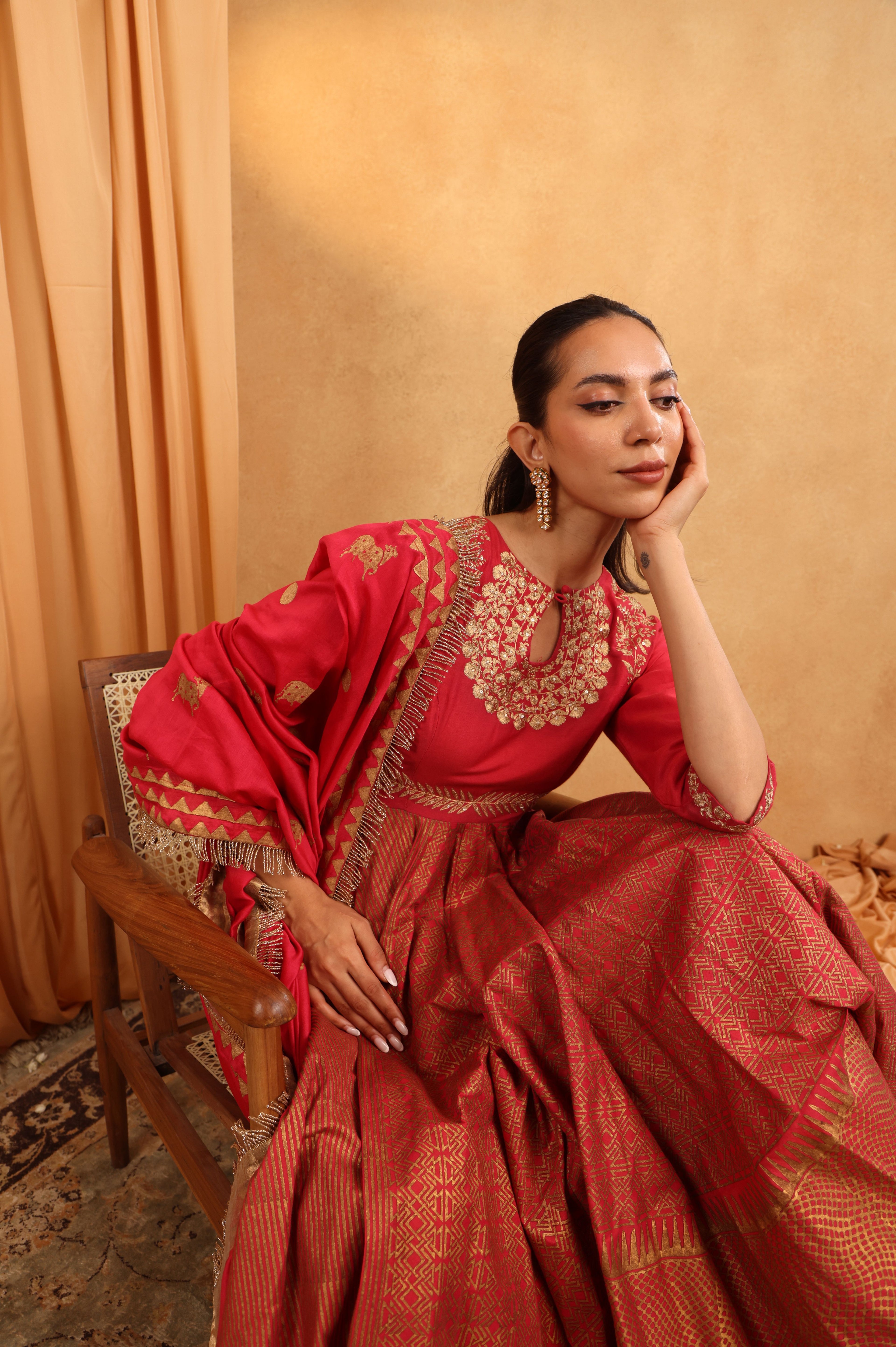 Cherry Red Banarasi Anarkali Set