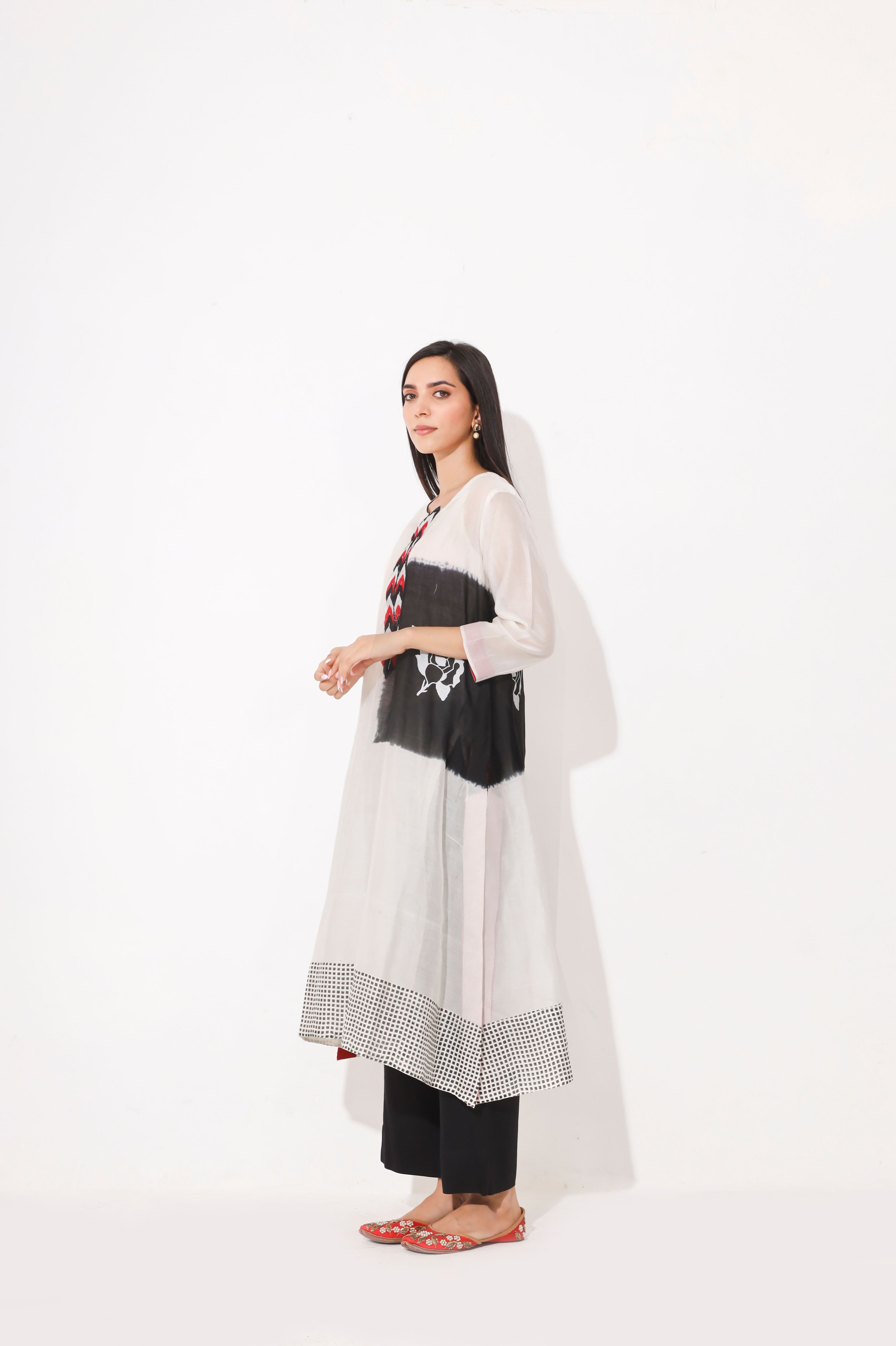 Black White Block Print Tie Dye Kurta Set