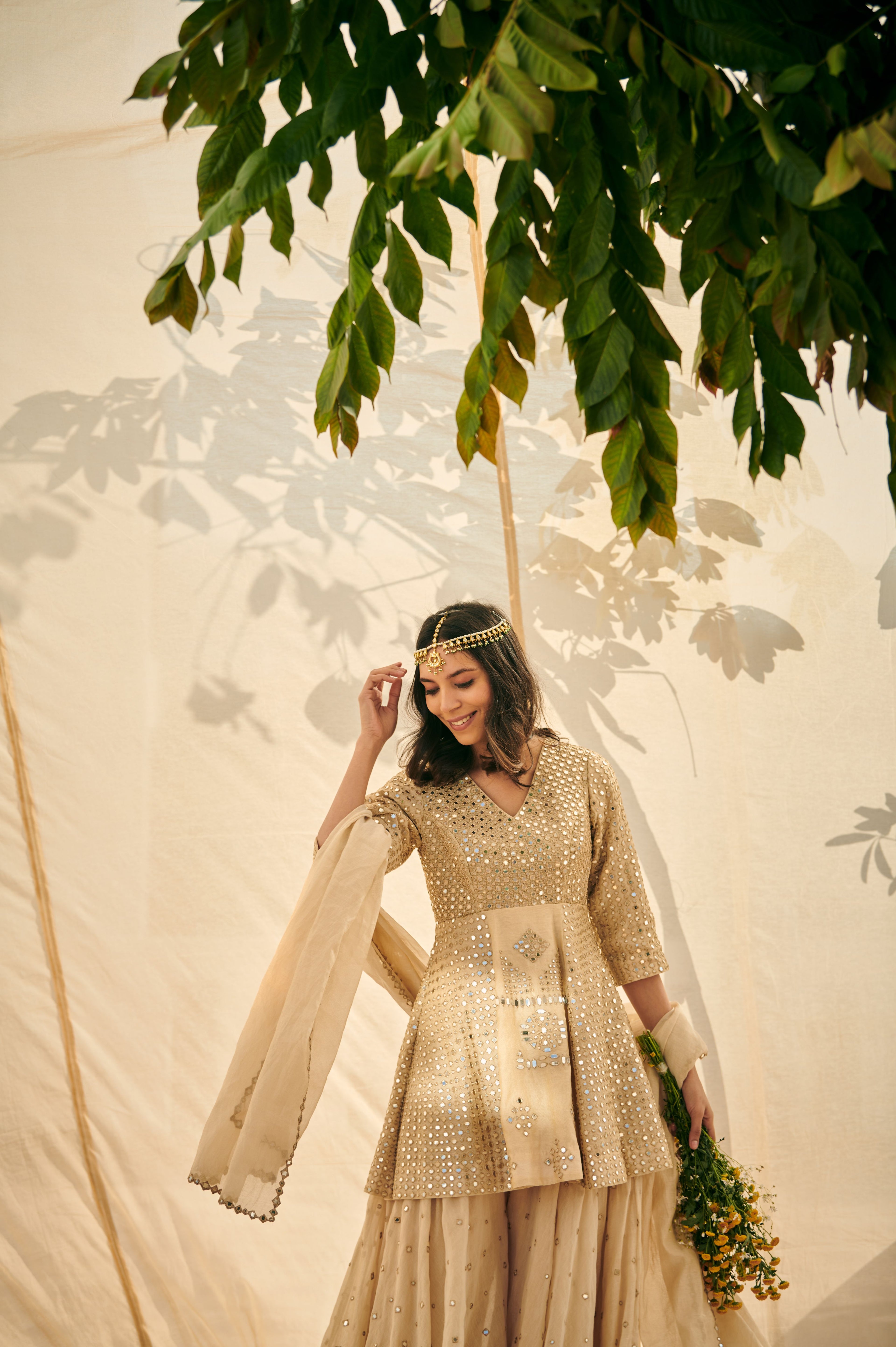 Off White Gold Tissue Chanderi Sharara Set