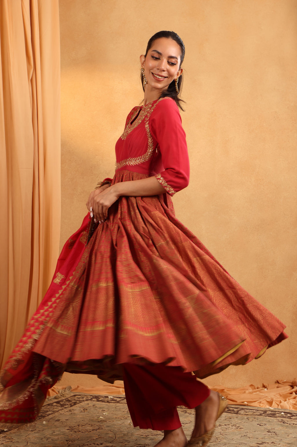Cherry Red Banarasi Anarkali Set