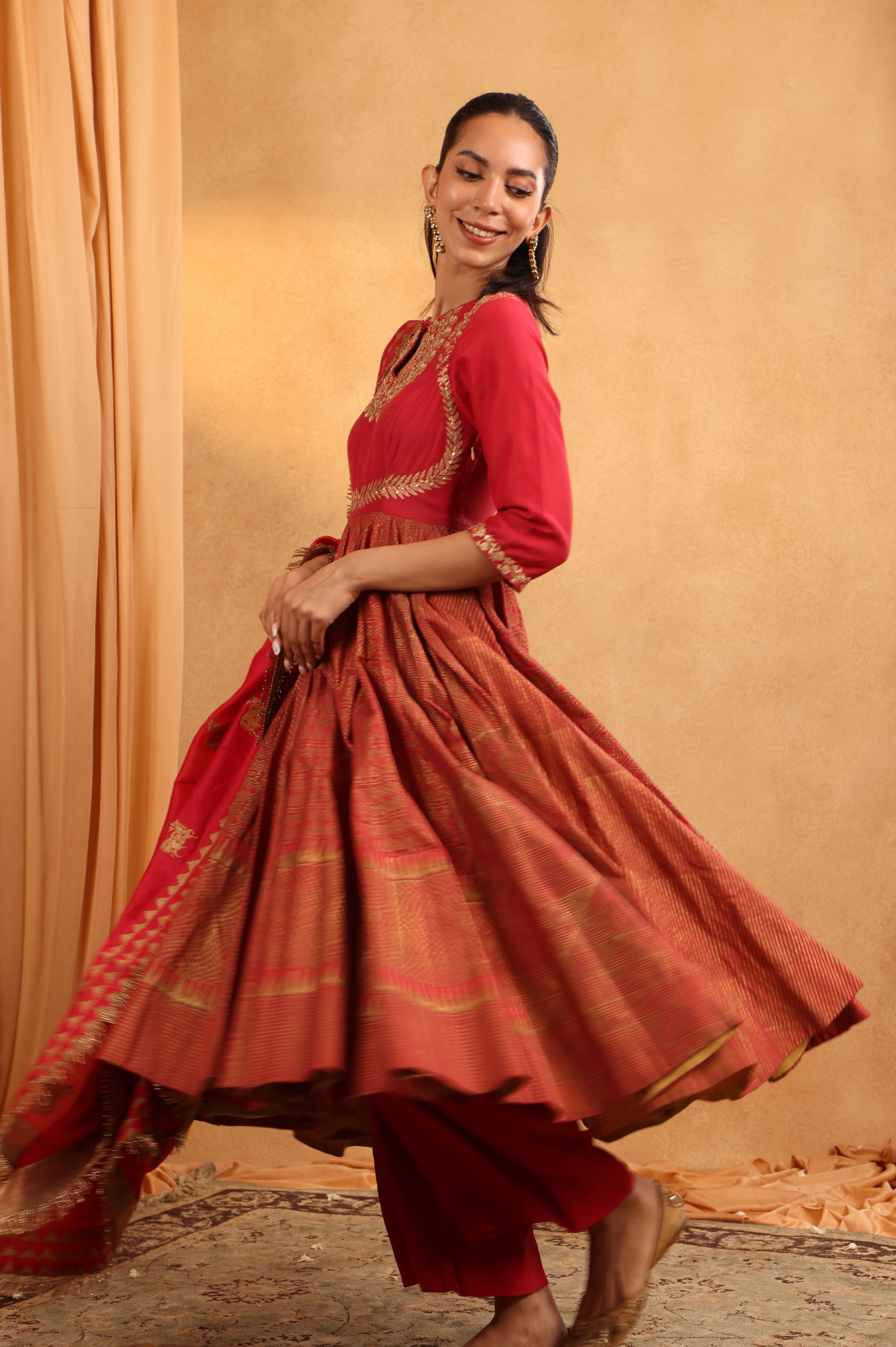 Cherry Red Banarasi Anarkali Set
